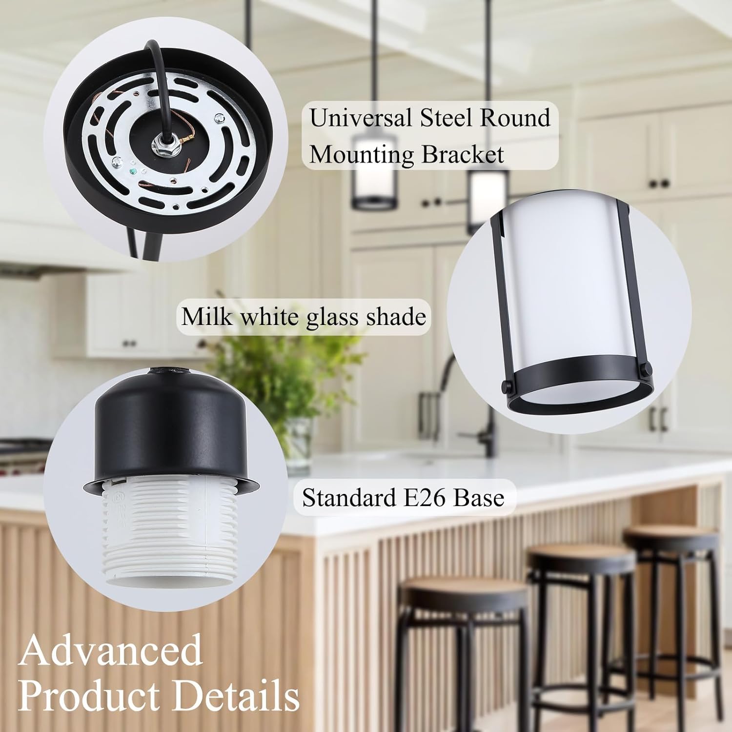 Black Milk Glass Pendant Light Kitchen Island,Modern Art Deco Chandelier Mini Pendant Lighting,Farmhouse Hanging Light Fixtures Over Sink for Dining Room