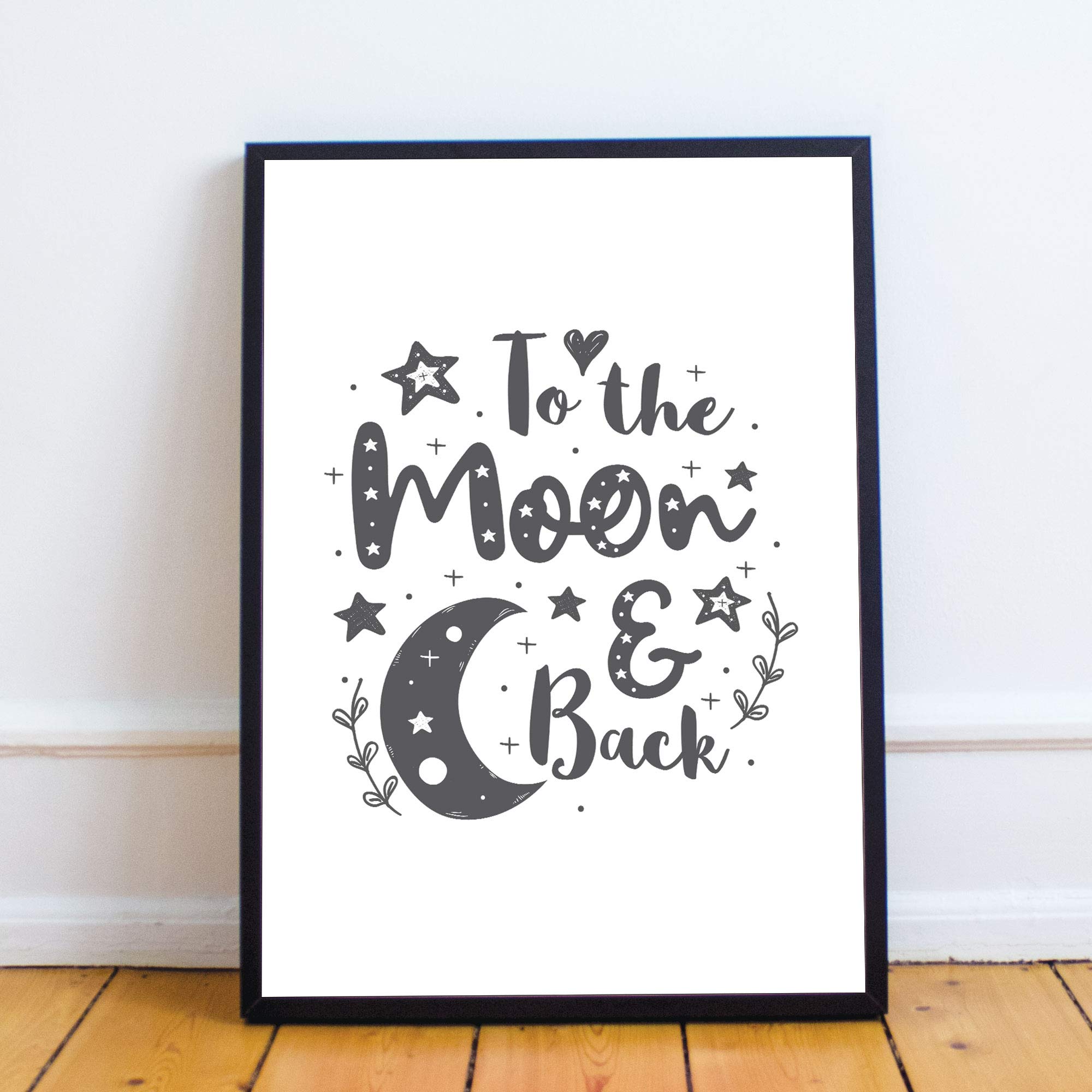 RED OCEAN Cute Boys Bedroom Print Boys Bedroom Wall Art Decor Grey Nursery Print Baby Gift Keepsake (A4 Print with Black Frame - To The Moon And Back White Grey)