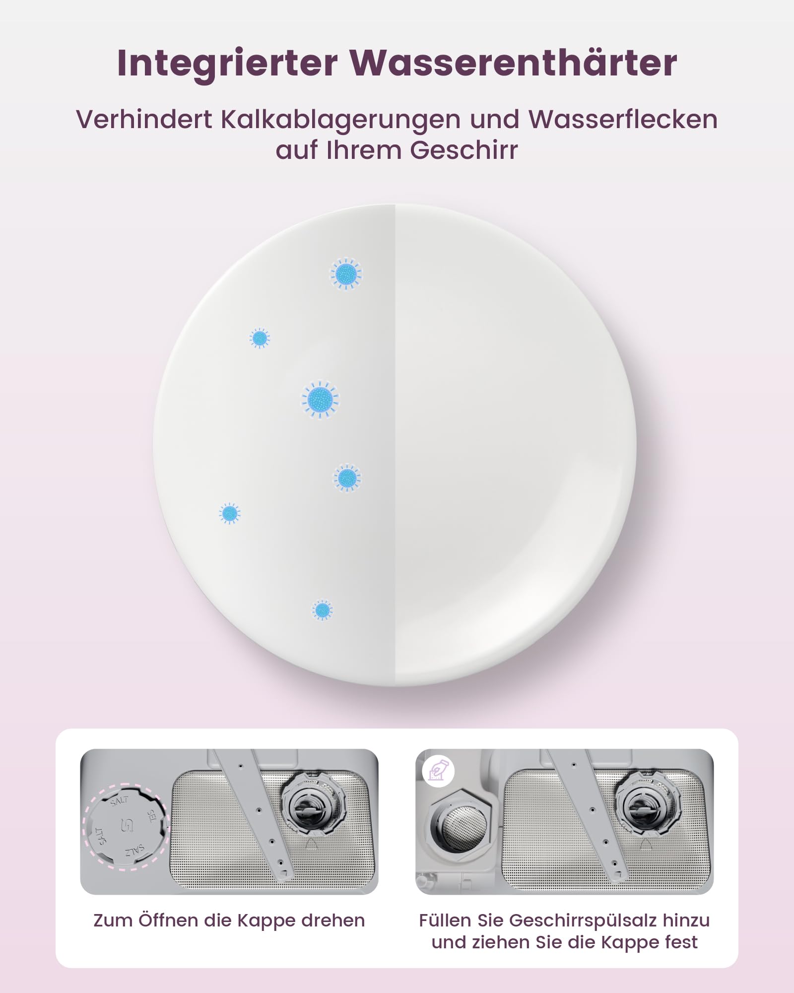 HAVA Tischgeschirrspüler mit Wasserenthärter, 8 Programmen, Kindersicherung, verzögerter Start, keine Installation erforderlich - Zarter Flieder