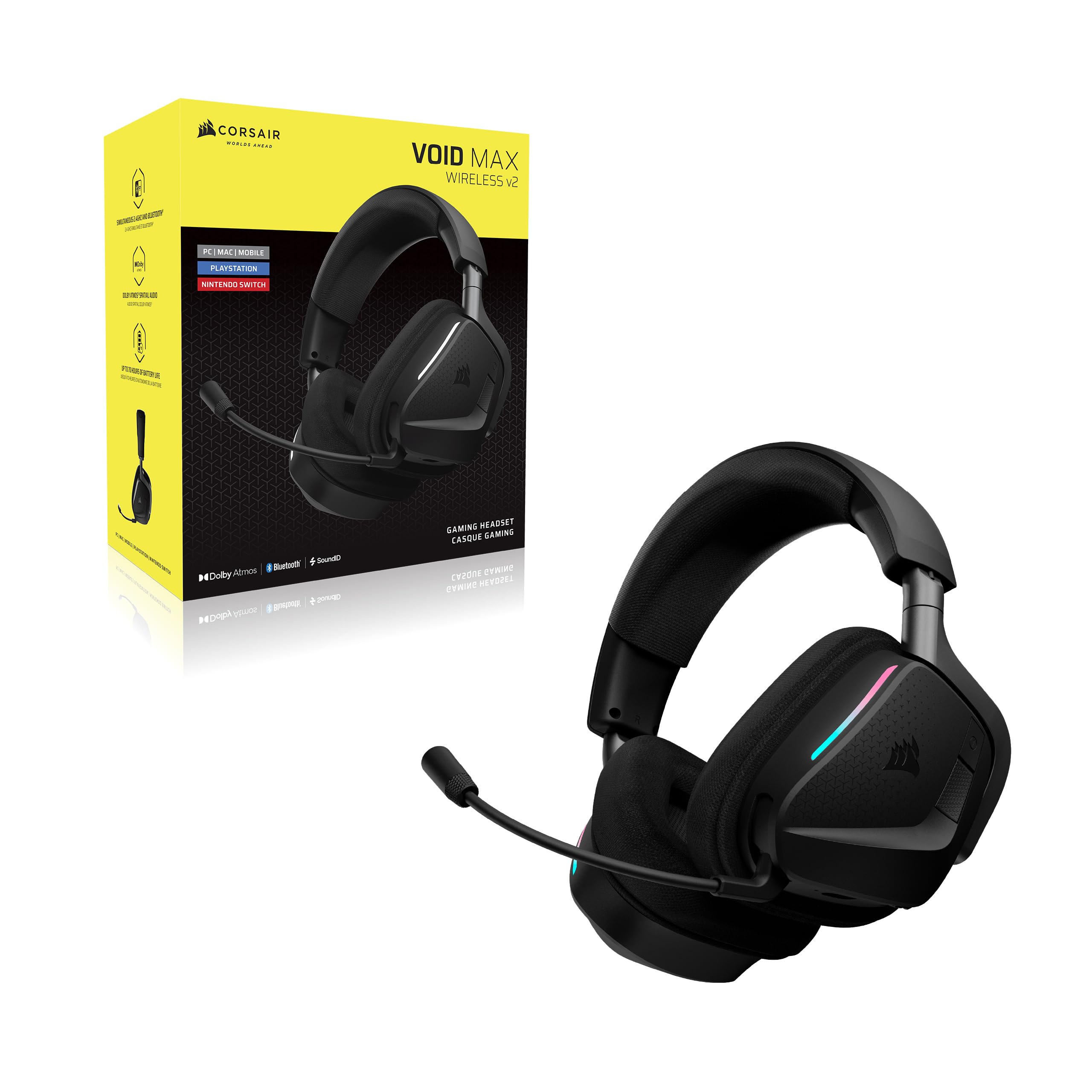 Corsair Void V2 Max Kabellose Bluetooth-Gaming-Kopfhörer, 2,4 GHz, Dolby Atmos, Sonarworks SoundID, bis zu 70 Stunden Akkulaufzeit, Schnellladung, kristallklares Mikrofon – PC, PS5, PS4, Switch, Handy