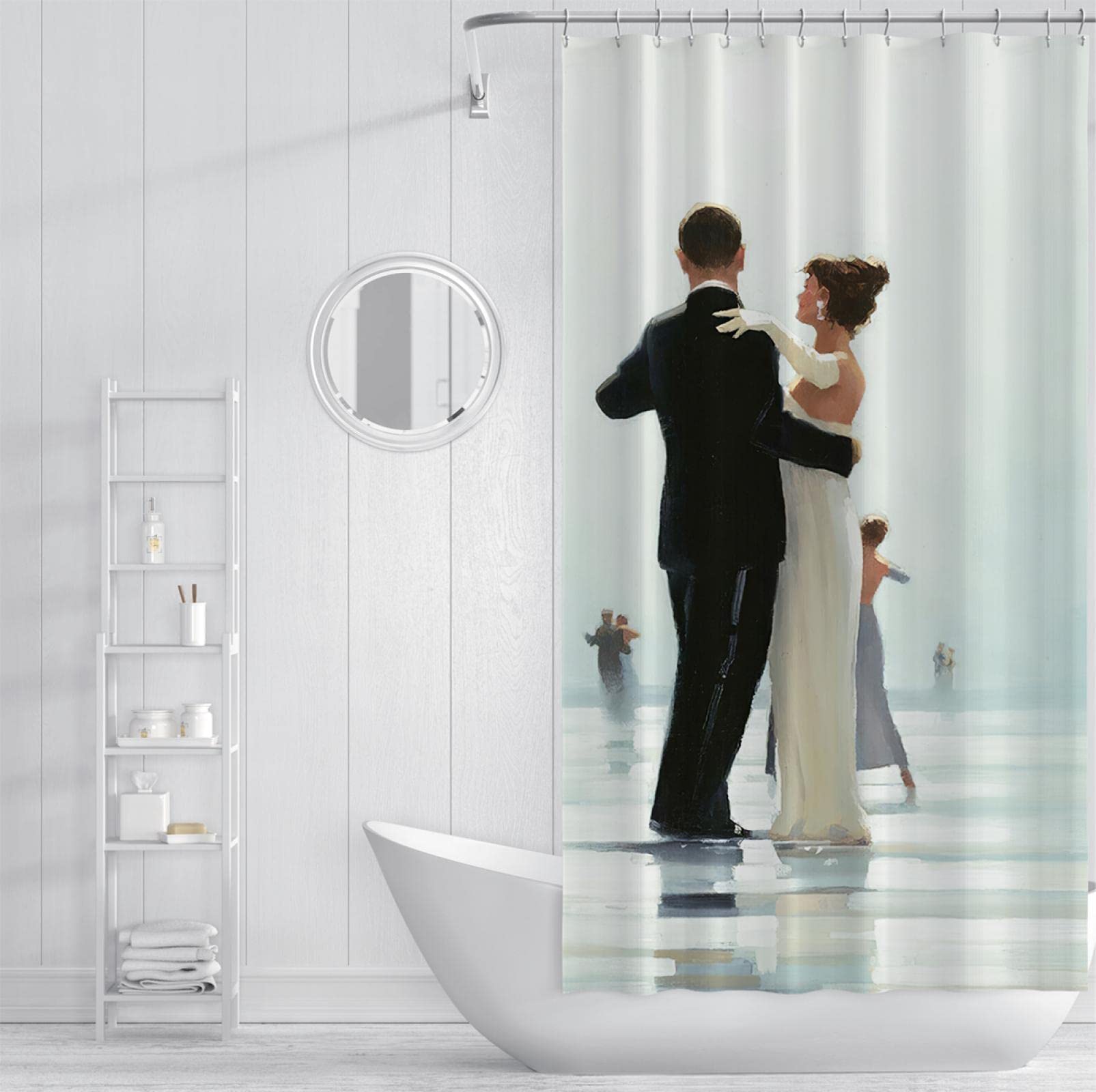 Saint Valentin Rideau de Douche Classique Couple Danse Peinture Séparation Sec et Humide Cloison Rideau Toilettes Décor Accessoires avec Crochets 180x200cm