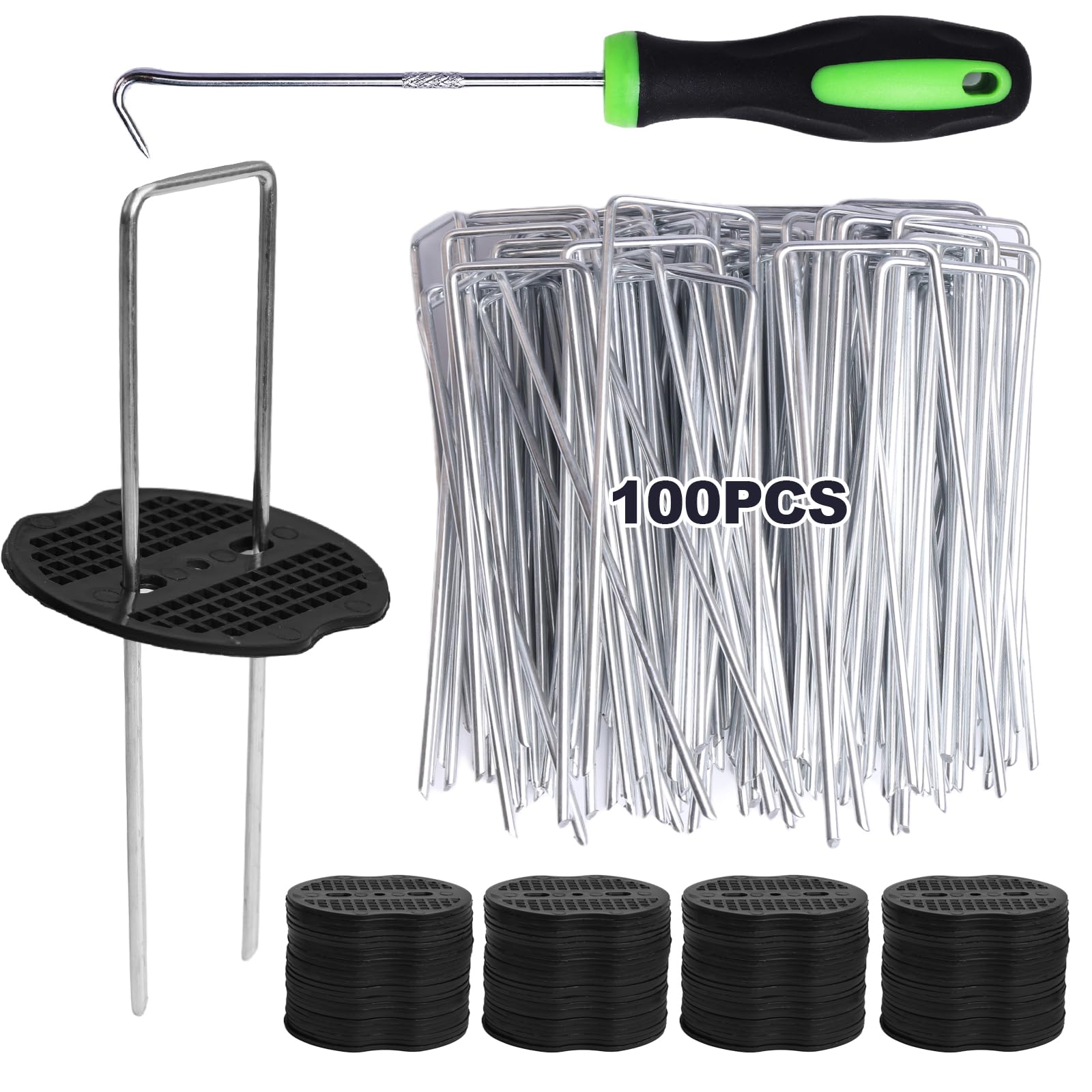 Storystore Weed Control Membrane Pegs 100pcs, Buffer Washer 100pcs, 15cm U-shaped Weed Mat Pegs with Nail Hook, Heavy Duty Ground Pegs Fabric Garden Pegs Staples Artificial Grass Pins for Membrane