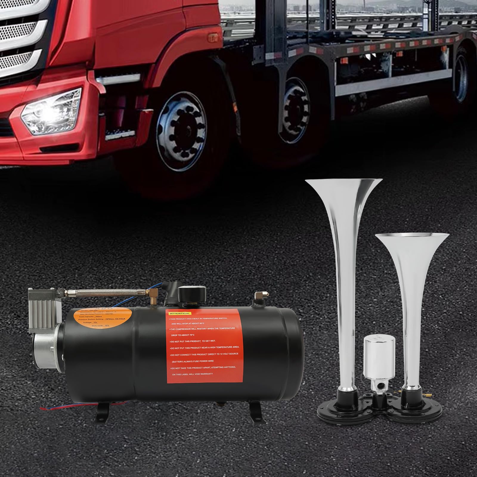 Zestaw klaksonów, 12 V, z kompresorem 3 l, 150 psi i manometrem, do łodzi, samochodów, automatycznych maszyn