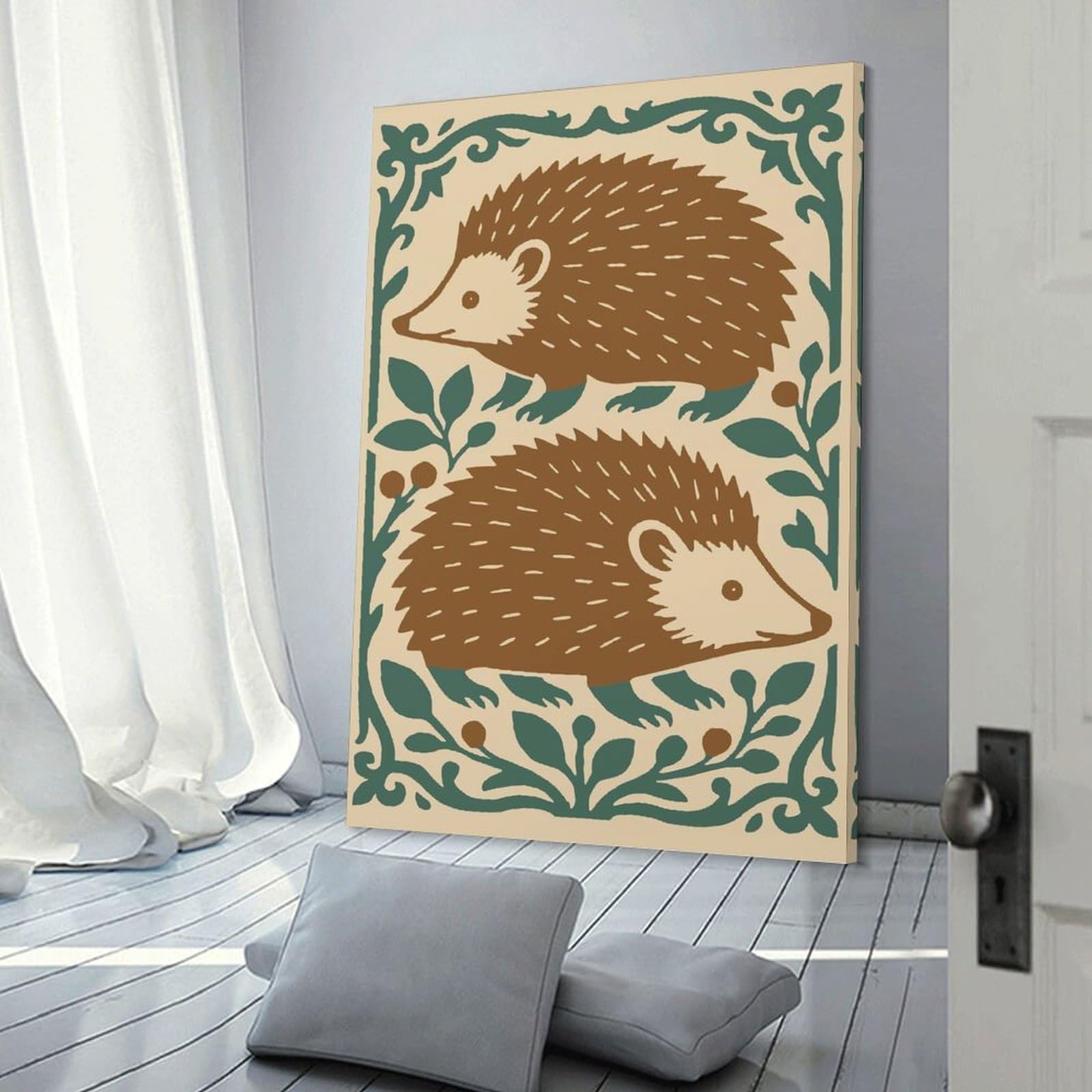 Junmoney Two Hedgehogs with Floral Border Illustration Room Decor Wall Art 24x36inch(60x90cm), for Wall Displays, Bedrooms Or Room Updates, Ideal for Building A Coordinated Art Wall