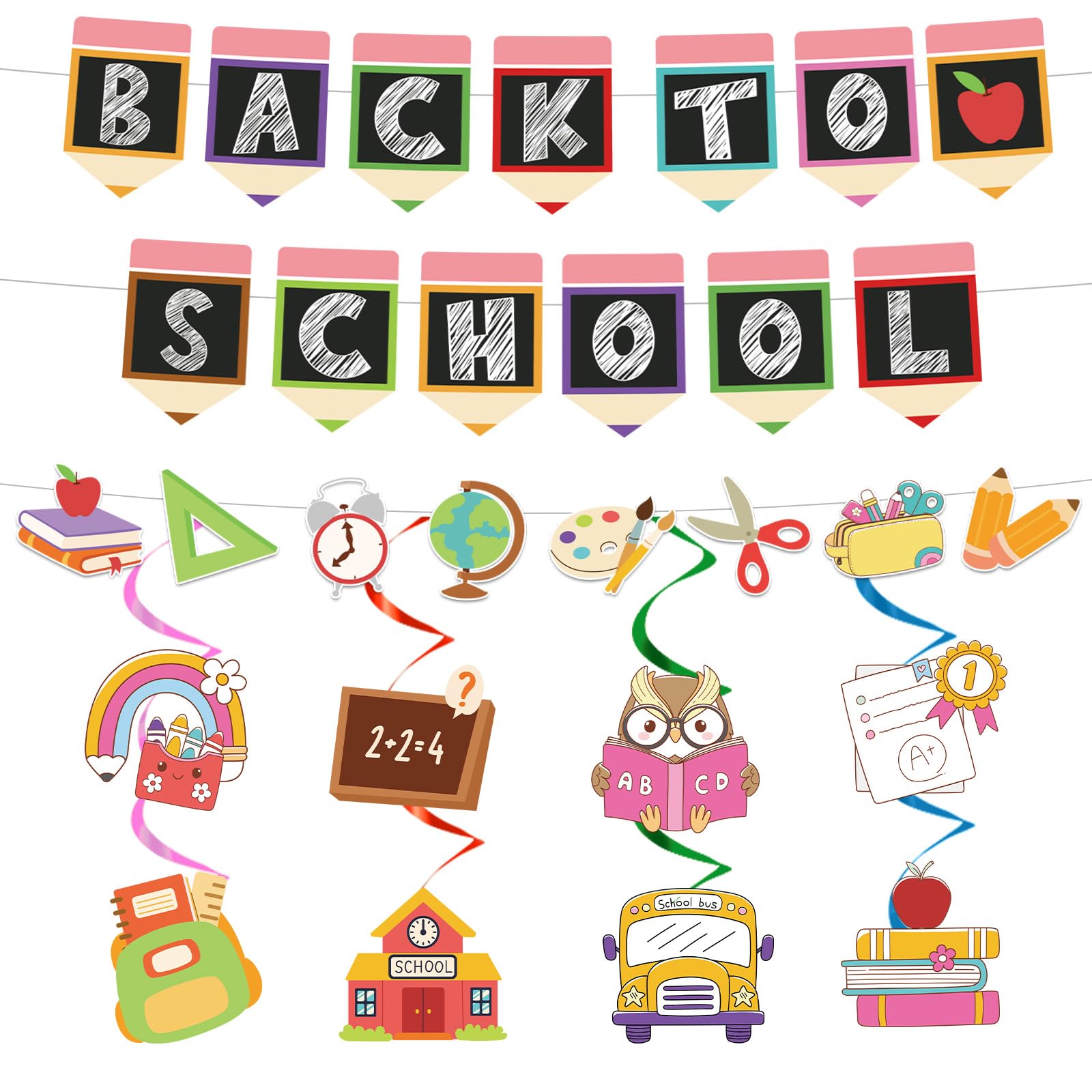 Back to School Decorations, 11PCS Classroom Decorations Set with Welcome Back Banner & Hanging Swirls, First Day of School Classroom Decor for Teachers, School Party Decorations