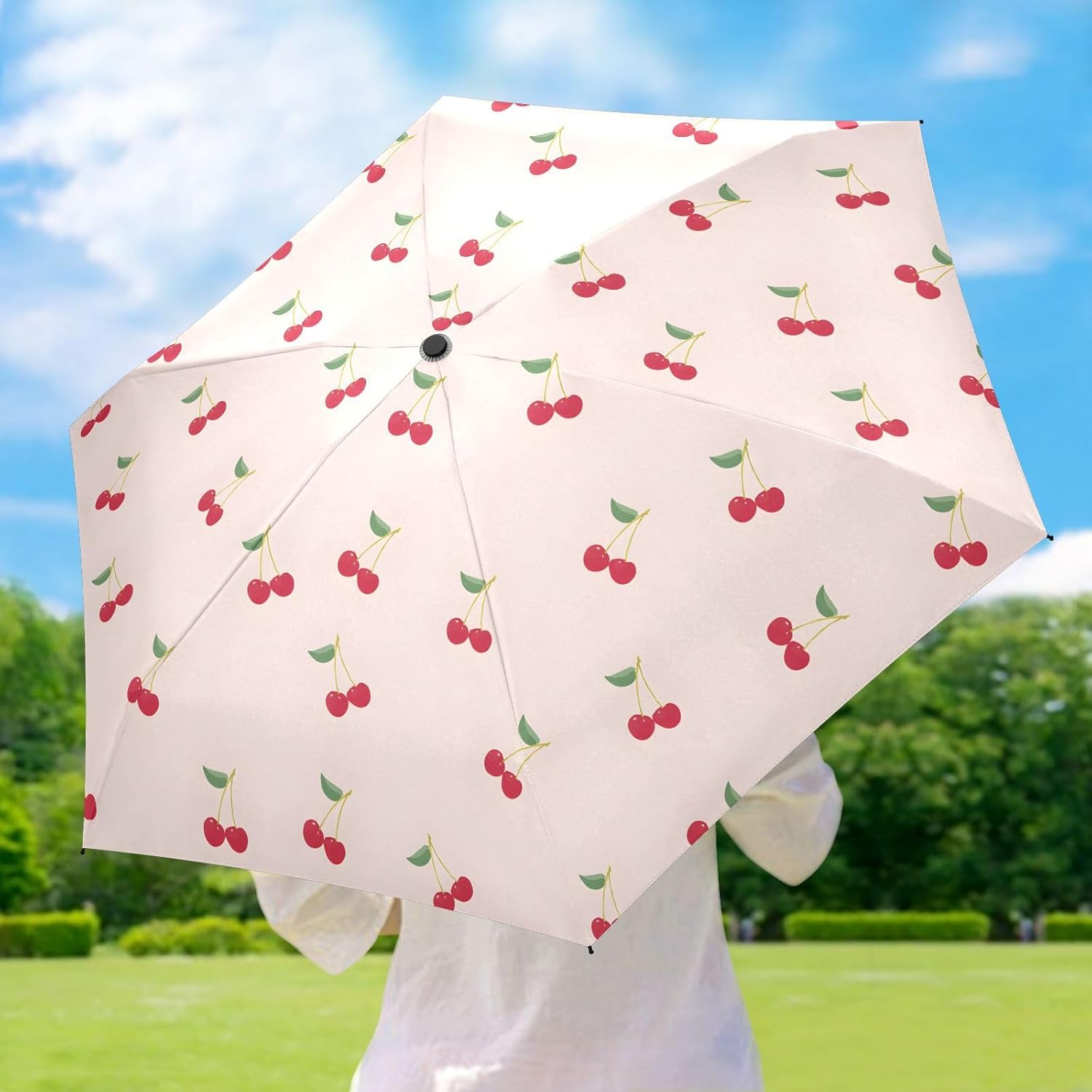 JIPONI Mini Travel Umbrellas for Rain Cherry Little, Small Umbrella Compact Waterproof Anti-UV Protection Lightweight Portable