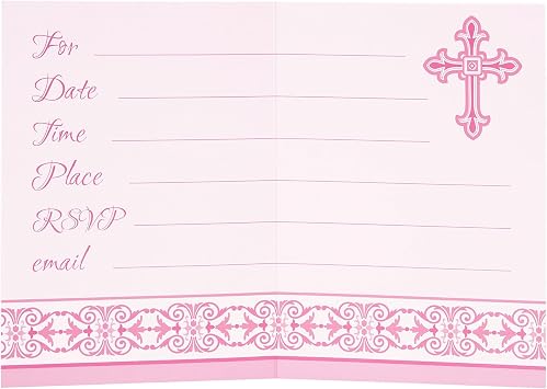 Elegant Pink Radiant Cross Invitations - 4.50 x 8.38 (8 Count) - Unique & Chic Religious Celebration Cards For Baptism, Communion & More