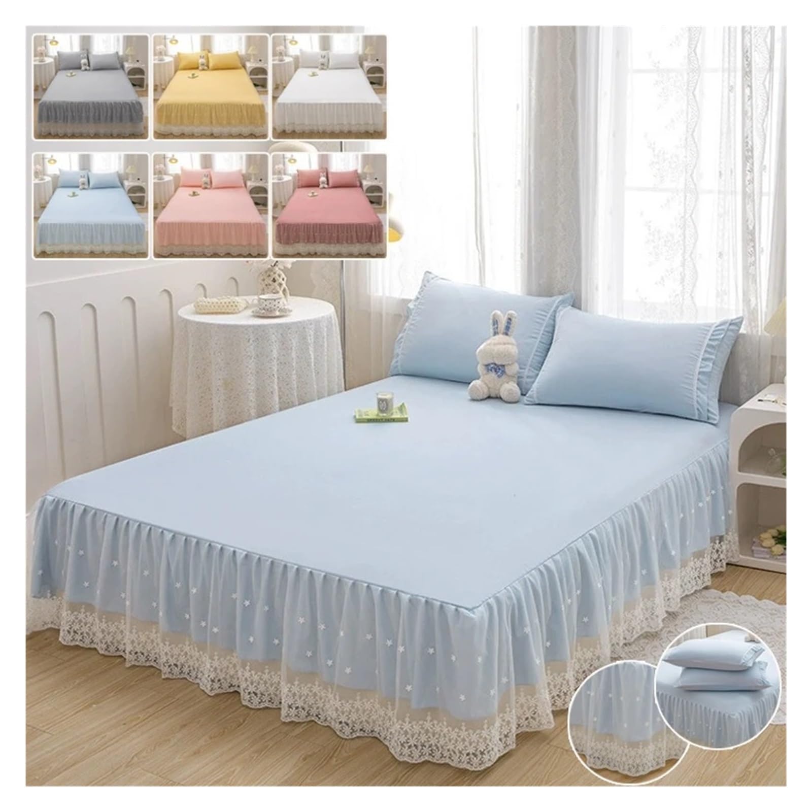 Gonna del letto Copriletto in pizzo con balze, elegante gonna da principessa rosa, design a strato singolo, morbido e delicato sulla pelle per telaio letto(Pink,1PC-180x200cm)