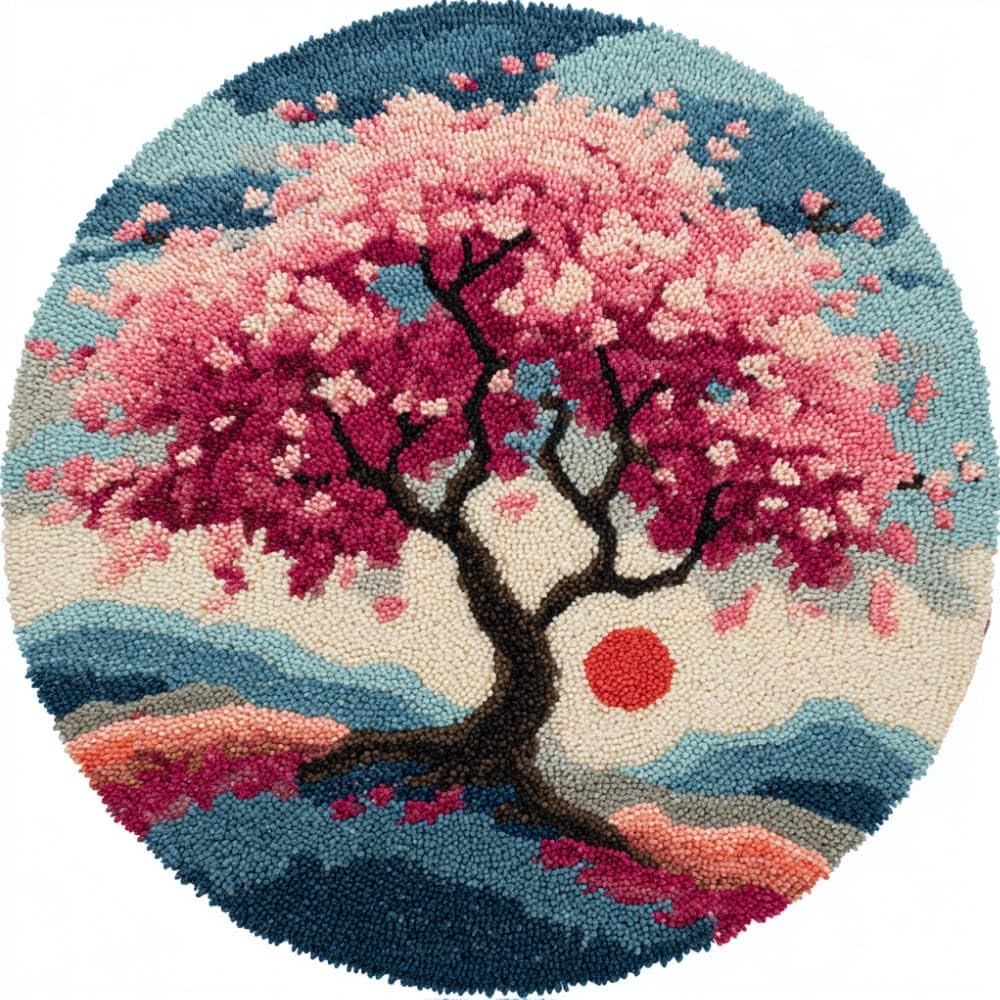 kitphoenix Round DIY Latch Hook Rug Kits Cherry Blossom Tree 20X20Inch (50X50Cm) Easy for Beginners Round Carpet Crochet Yarn Craft Large Rug Hook and Latch Tapestry for Home Decor
