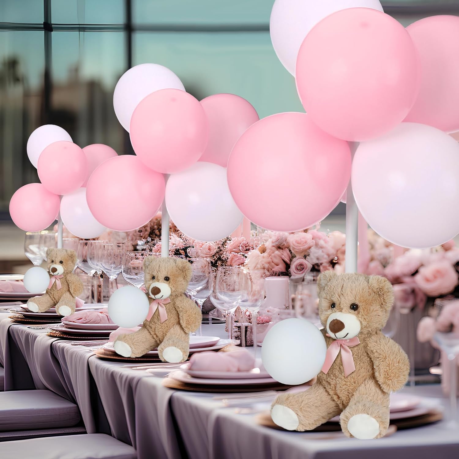 Jenaai 106 Pcs Bear Baby Shower Decoration for Boy or Girl, 6 Pcs Bears Stuffed Animal with 100 Pcs Latex Balloons for Kids Birthday Baby Shower Wedding Engagement Christmas Party Decor(White, Pink)