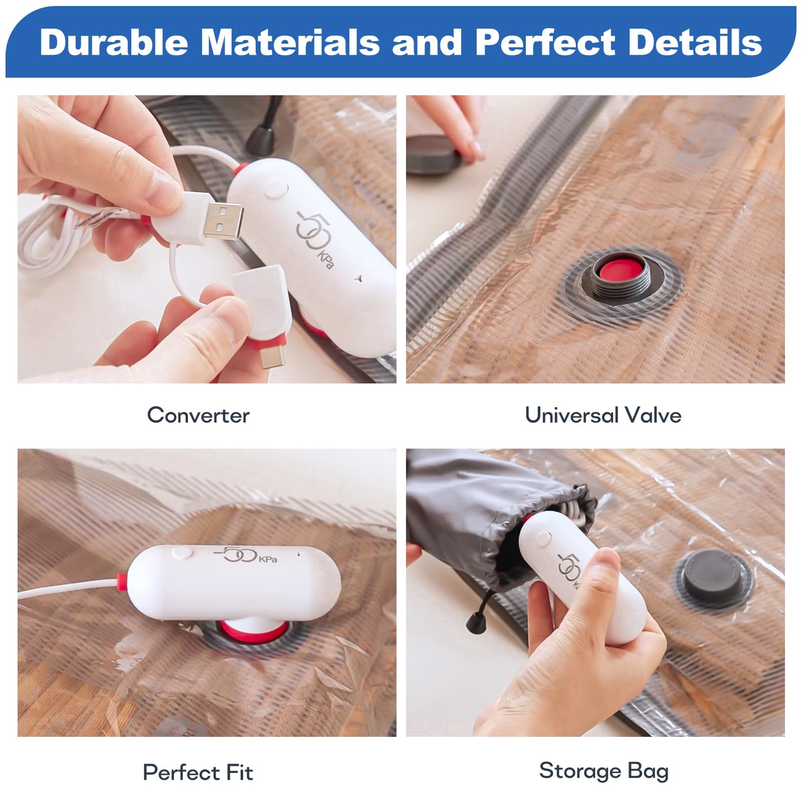 Sac Sous Vide Vetement Aspirateur avec Pompe USB, Lot de 6 Sacs de Rangement Sous Vide (2X 40*40cm, 2X 40*50cm, 2X 40*60cm), Sac Sous Vide Voyage Réutilisables - Voyage Essentials peu Encombrants
