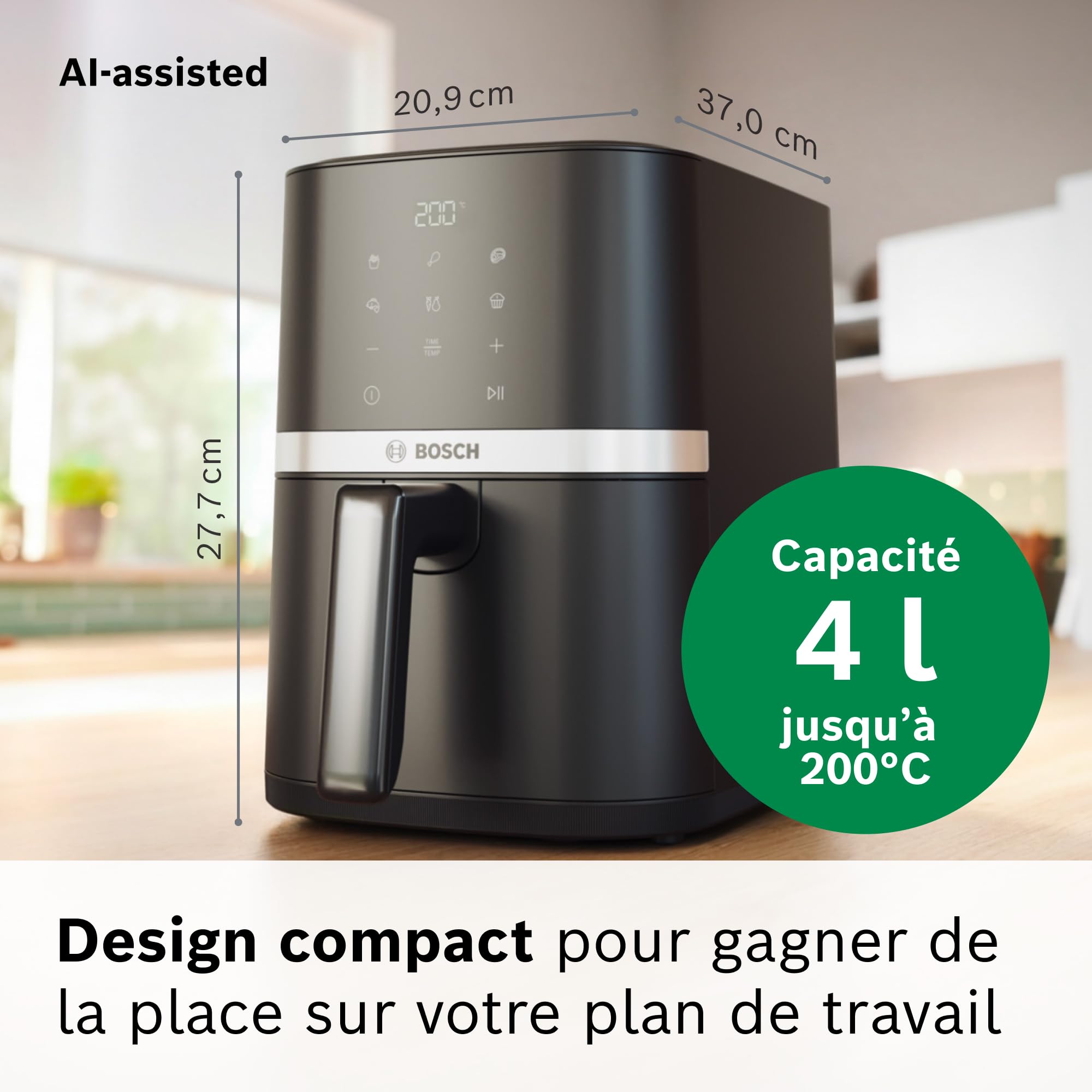 Bosch Air Fryer Série 2, friteuse à air compacte 4L pour jusqu’à 2 personnes, 6 programmes, revêtement non toxique sans PFAS, 1300W, noir, MAF24AB0