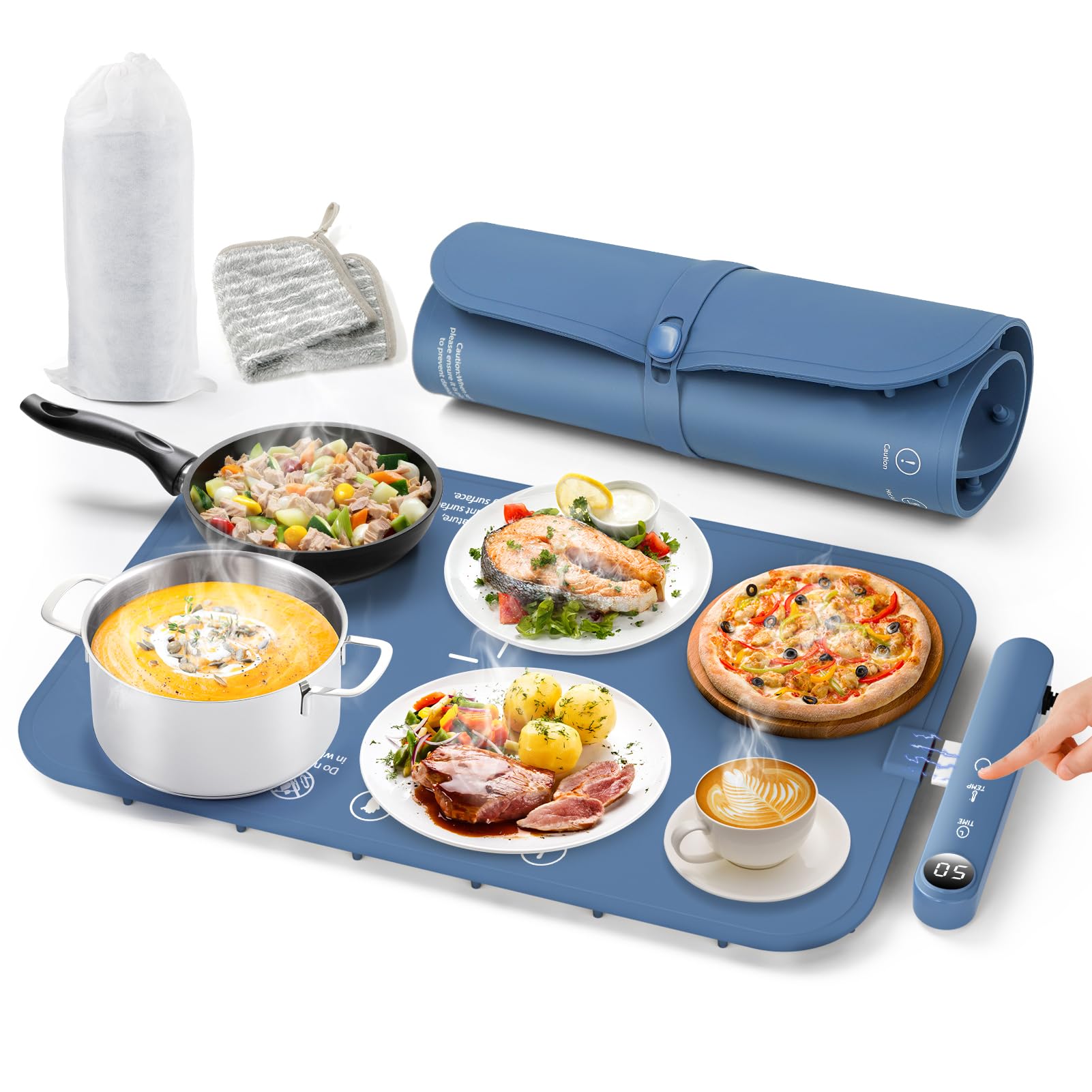 Warmhalteplatte Elektrisch mit Graphen Heizung | 6-stufige Temperaturregelung (50-100°C) & 6h Timer, Food Warmer Mat für Weihnachtsessen, Familientreffen, Fondue Party und Buffet