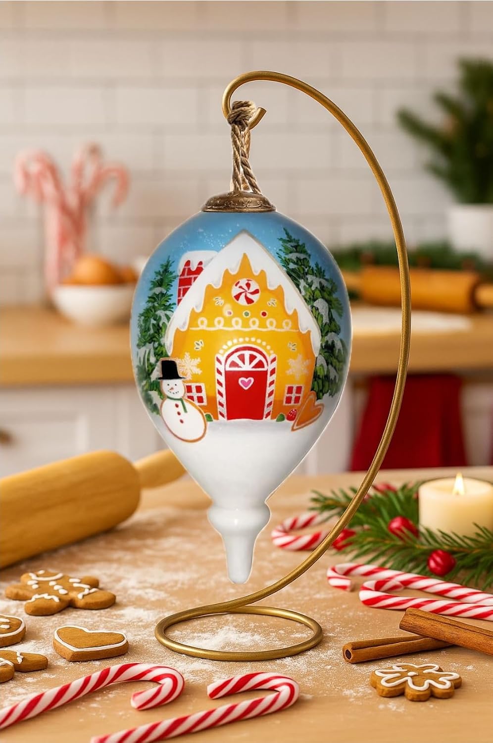 Gingerbread Ornament, Hand-Painted Glass Collectible – Gingerbread House & Man Christmas Decoration – Holiday Tree or Kitchen Décor – Gift Box Included (4.75”)