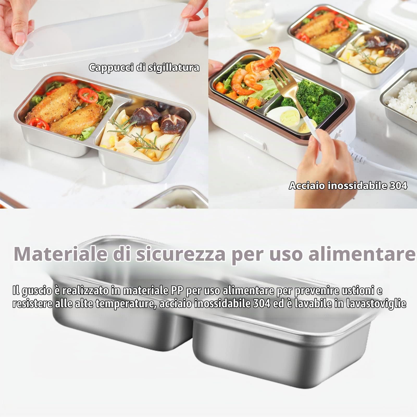 Lunch Box Elettrico, Scaldavivande Portatile per Home Office School, Lunch Box a Vapore a 2 Strati 20 Minuti Riscaldamento Rapido con Contenitore Rimovibile in Acciaio Inossidabile,(0,8 l/220 V)