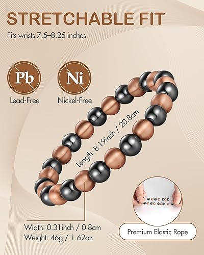 Miniatura 5 de Feraco Pulsera magnética de cobre puro para hombres y mujeres, 0.315 in, 99.99% cobre sólido y 3500 cuentas de hematita magnética Gauss, pulsera