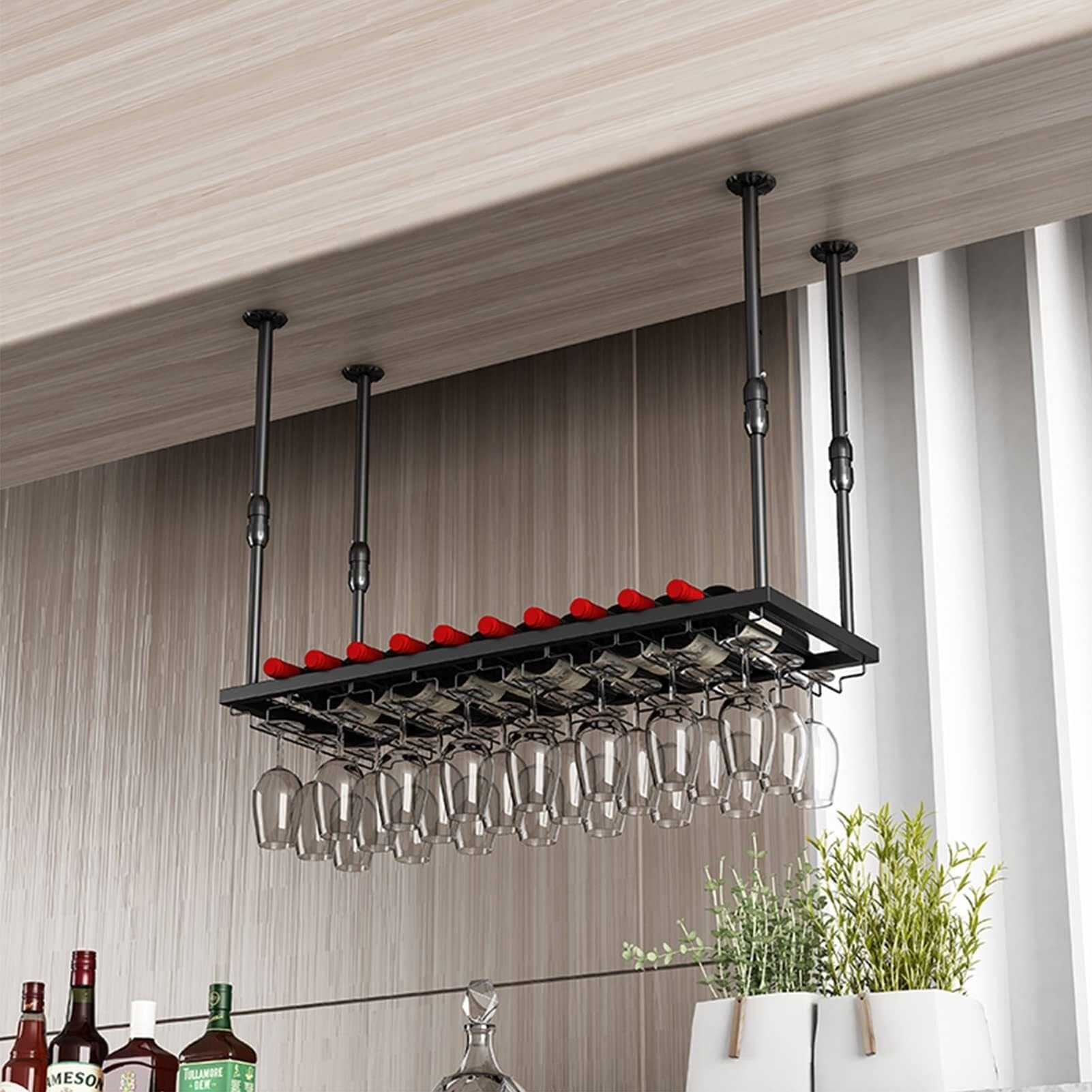 Soporte de copas regulable y estante de techo negro para organizar copas de vino