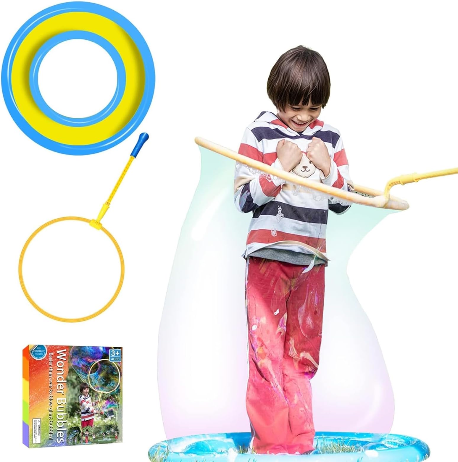 Kid in a Bubble Toy Giant Bubble Wand Big Bubbles Hoop with Dipping Pool Tray, Fun Outdoor Toys Playtime Activity Summer Toy Set for Kids and Adults Birthday Party Game
