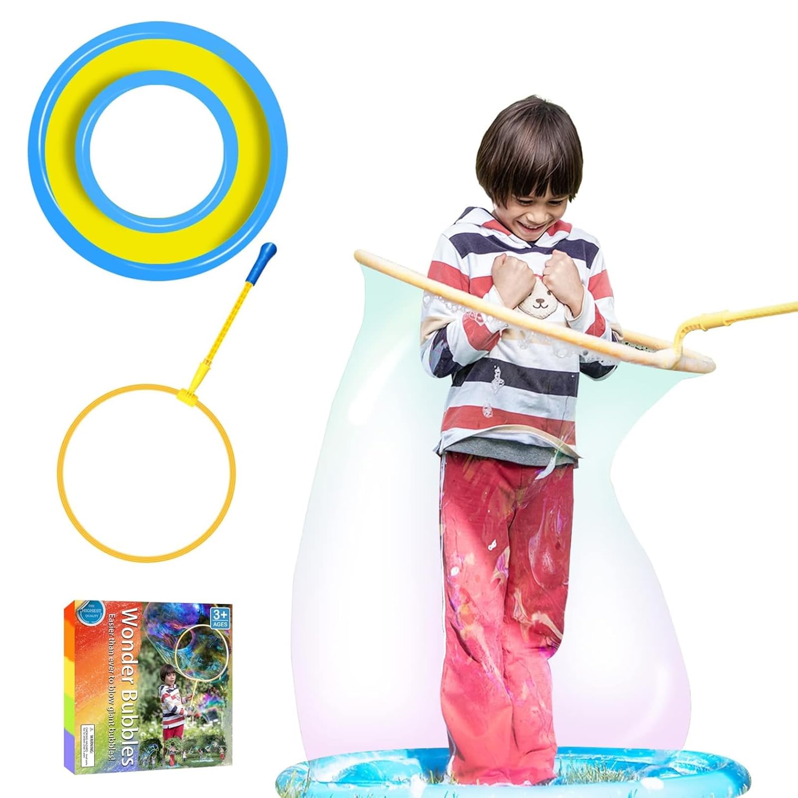 UgyDuky Kid in a Bubble Toy Giant Bubble Wand Big Bubbles Hoop with Dipping Pool Tray, Fun Outdoor Toys Playtime Activity Summer Toy Set for Kids and Adults Birthday Party Game (Basic Kit)
