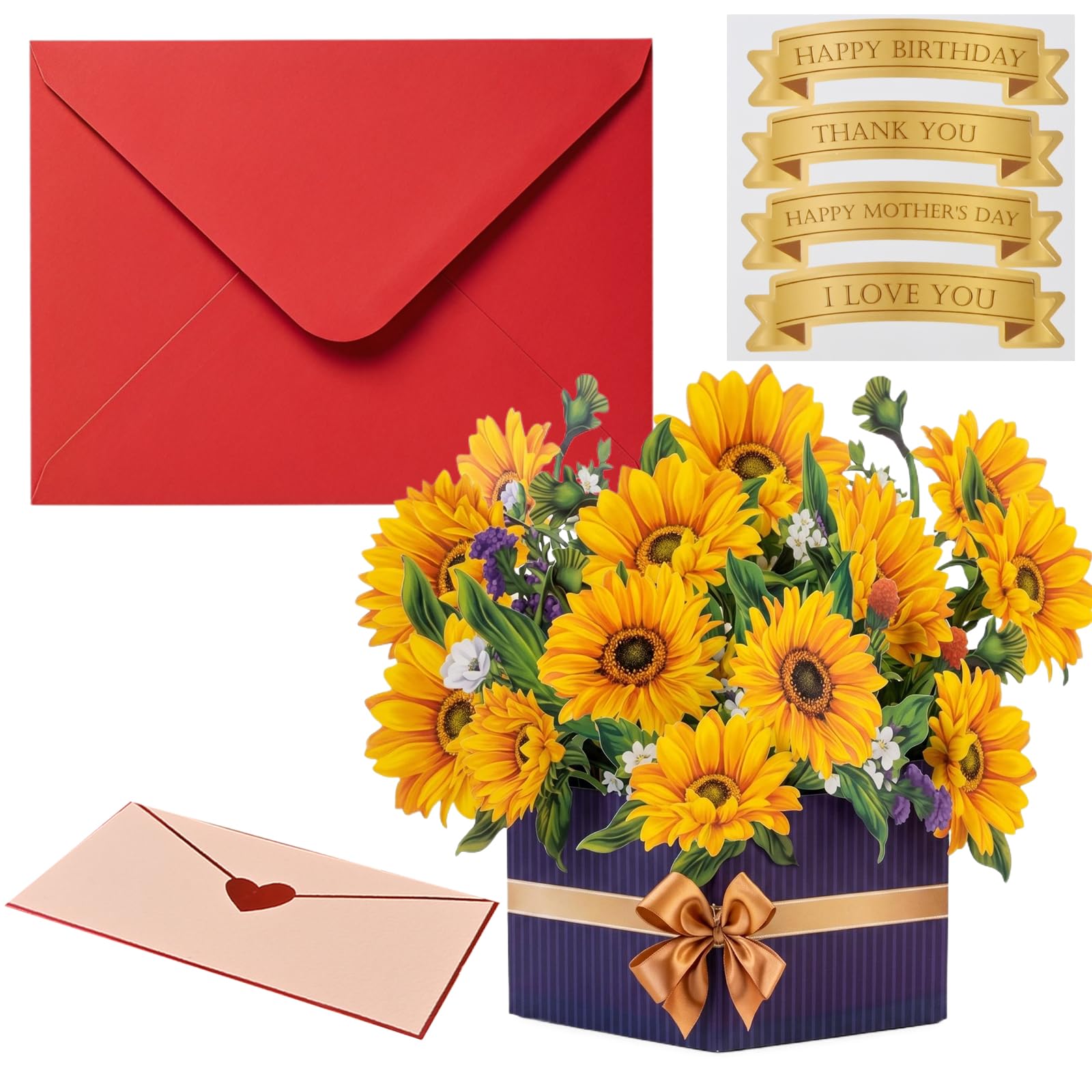 Muiltvoe 3D Pop Up Sunflower Birthday Cards for Women, Mother’s Day Card for Mum, Sister, Daughter, Wife, Flower Bouquet Greeting Cards for Anniversary, Thank You, Get Well Soon
