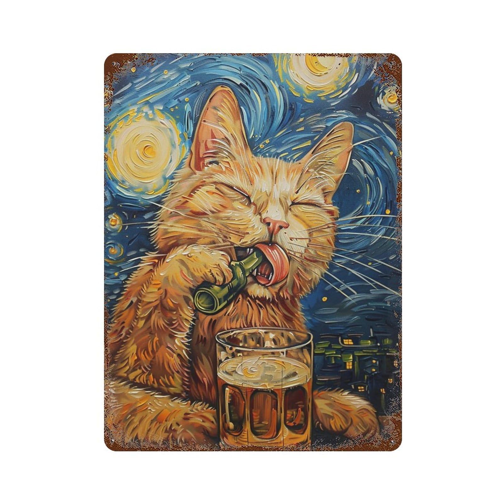 Distressed Metal Wall Sign Starry Night Cat with Beer 15.7"x11.8", Old School Wall Decor for Bistro, Counter And Cafe Decor