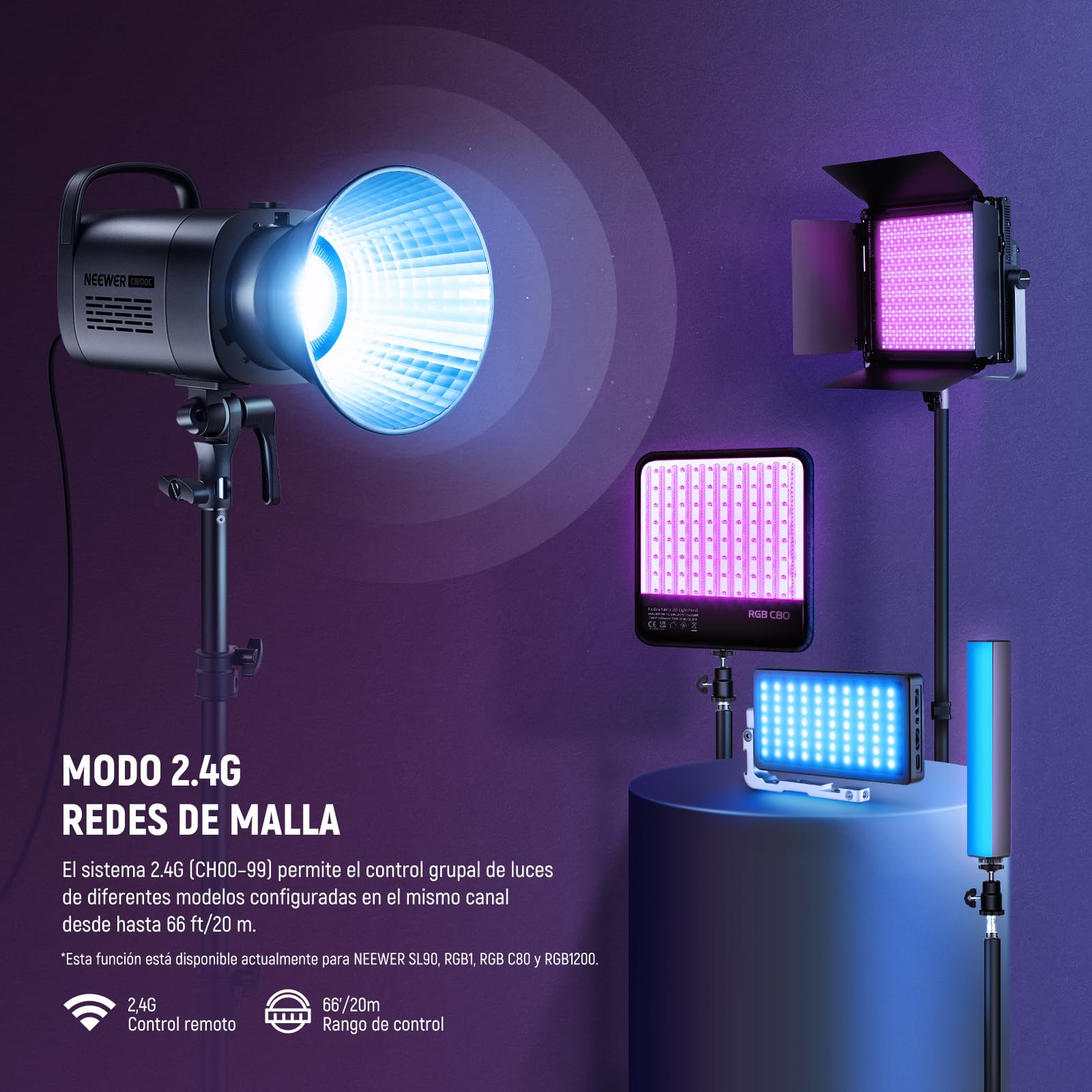 NEEWER CB100C 130w RGB LED Luz Video App/2.4G Control 360° Todo Color 2700K-6500K 27000lux/m COB Bowens Mount Foco Iluminación Lámpara Continua Silenciosa TLCI/CRI97+ 17 Escena para Estudio Fotografía