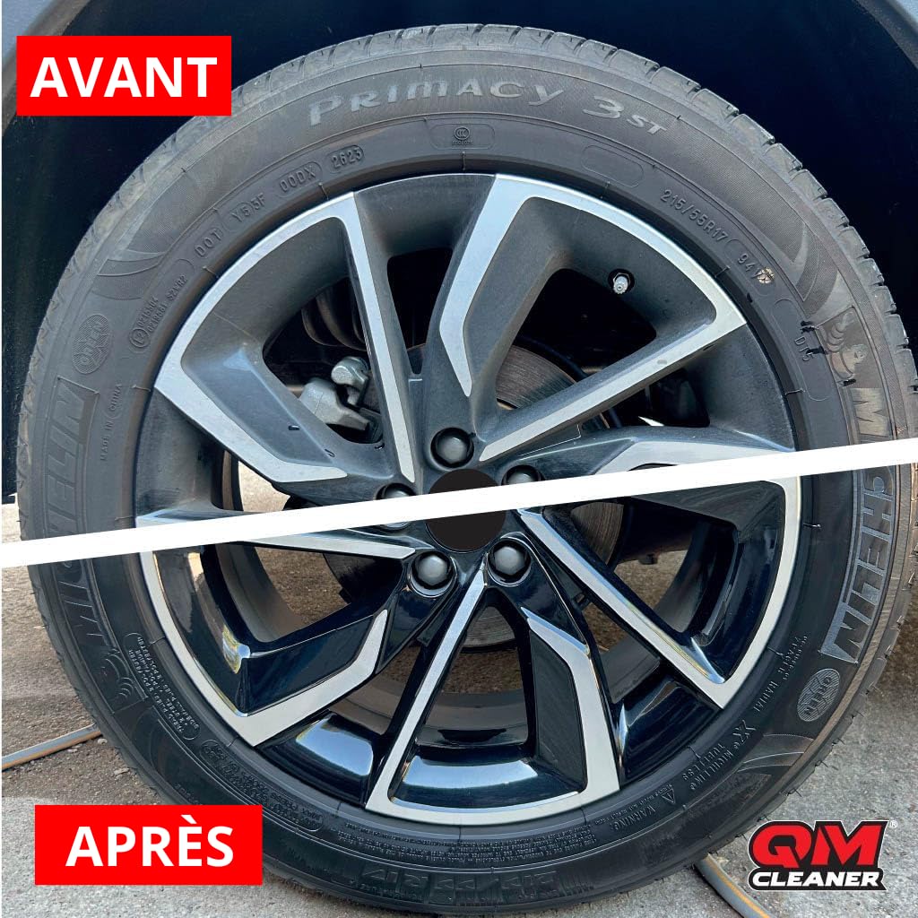 QM Cleaner Kit de Nettoyage et Lustrant pour Jantes et Pneus de Voiture | kit complet pour véhicule Comprend 500ml de Nettoyant pour Jantes, 200ml de Lustrant pour Pneu, une Brosse et une Éponge