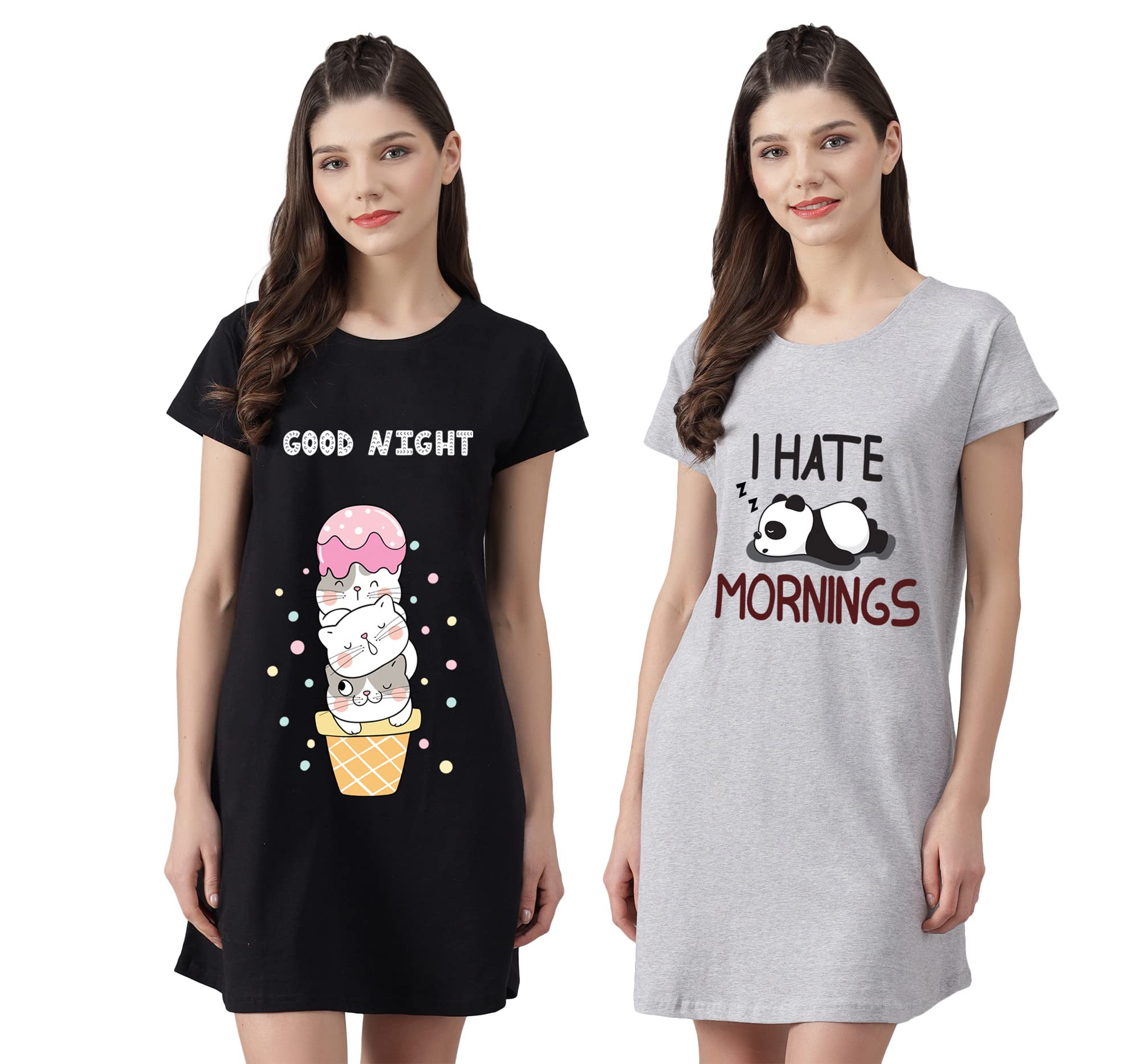 Women’s Cotton Nighty | Printed Knee Length Nighty |Short Sleeve Nighty |Short Nightdress| Long T-Shirt | Sleepwear & Casual Wear Nighty (Pack of 2)