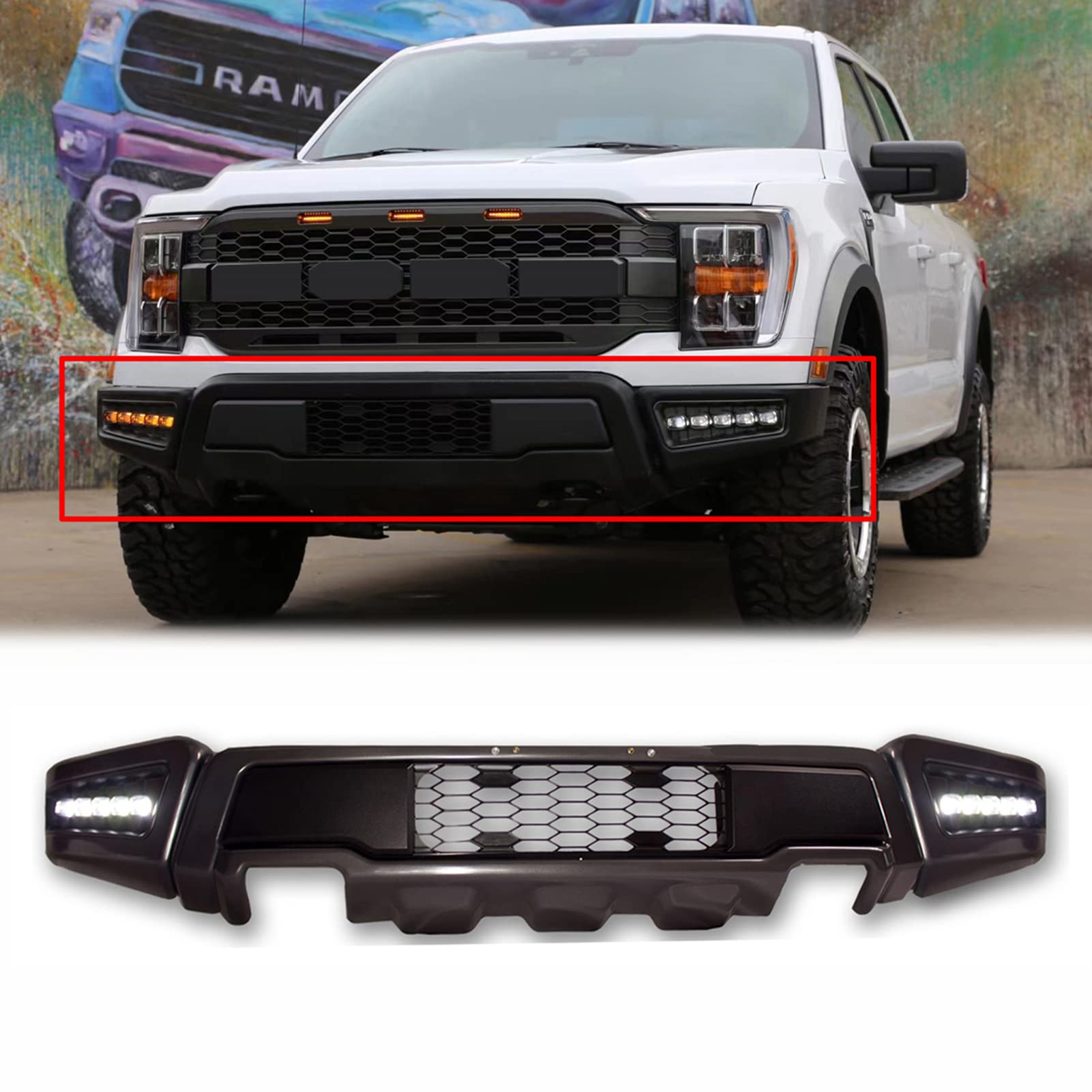 TZD Front Bumper Compatible with Ford F150 2009-2021 Charcoal Gray Bumpers With LED Fog Light Kit (F150, 2021)