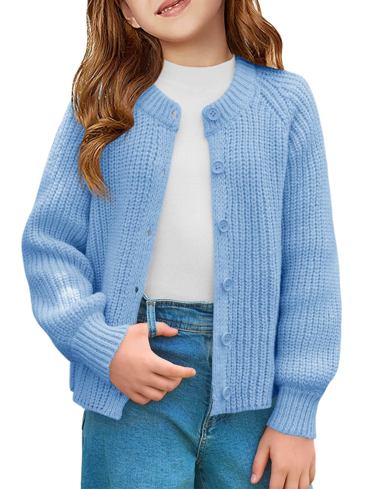 Haloumoning Cárdigan de punto grueso con botones y manga larga para niñas, abrigo lindo para otoño, 5-14 años