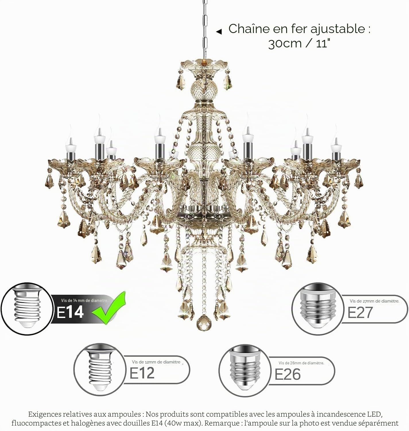 Lustre moderne à 10 ampoules en cristal K9, couleurs cognac, suspension en bougie, éclairage de plafond élégant pour salle à manger, salon, chambre à coucher et accessoires de maison