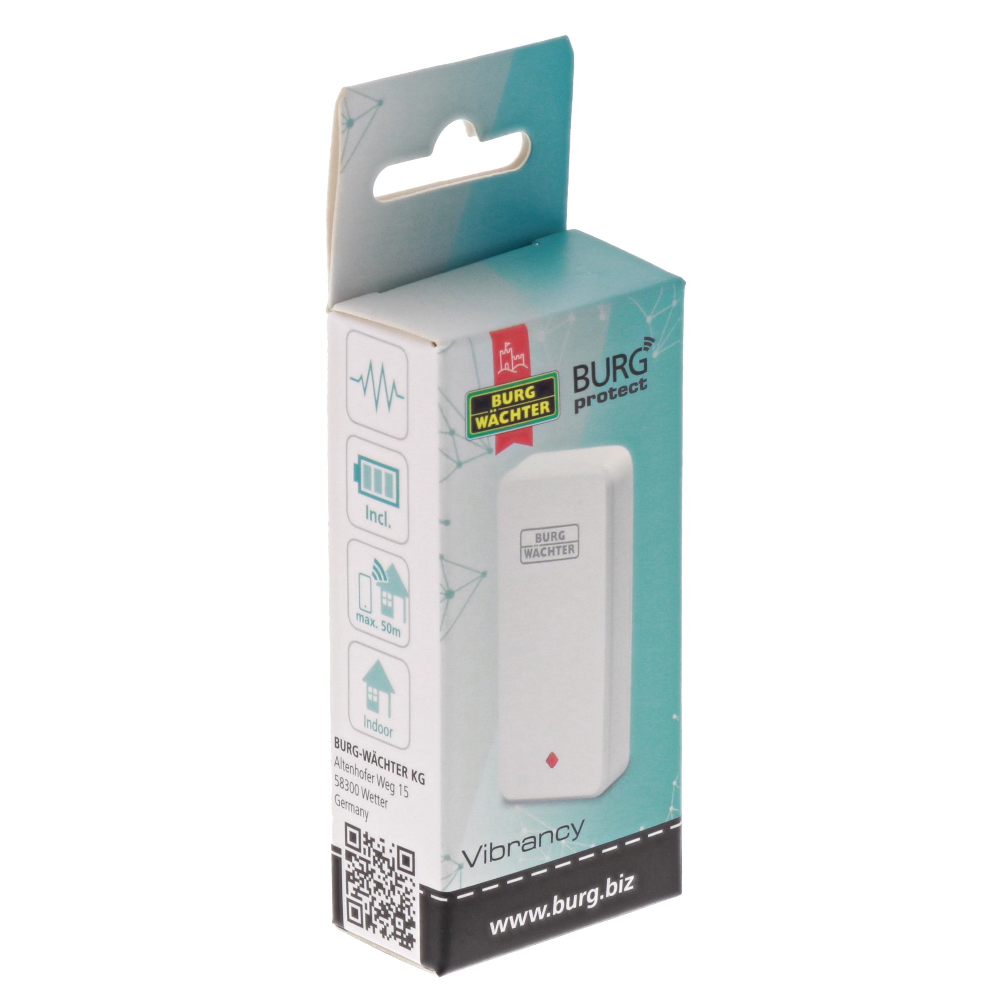 Burg Wächter Vibrations-Sensor innen, batteriebetrieben, Erschütterung Alarm, mit BURGprotect Smart Home kompatibel, Vibrancy 2020, Weiß, 39810, (B x H x T) 80 x 39 x 13 mm