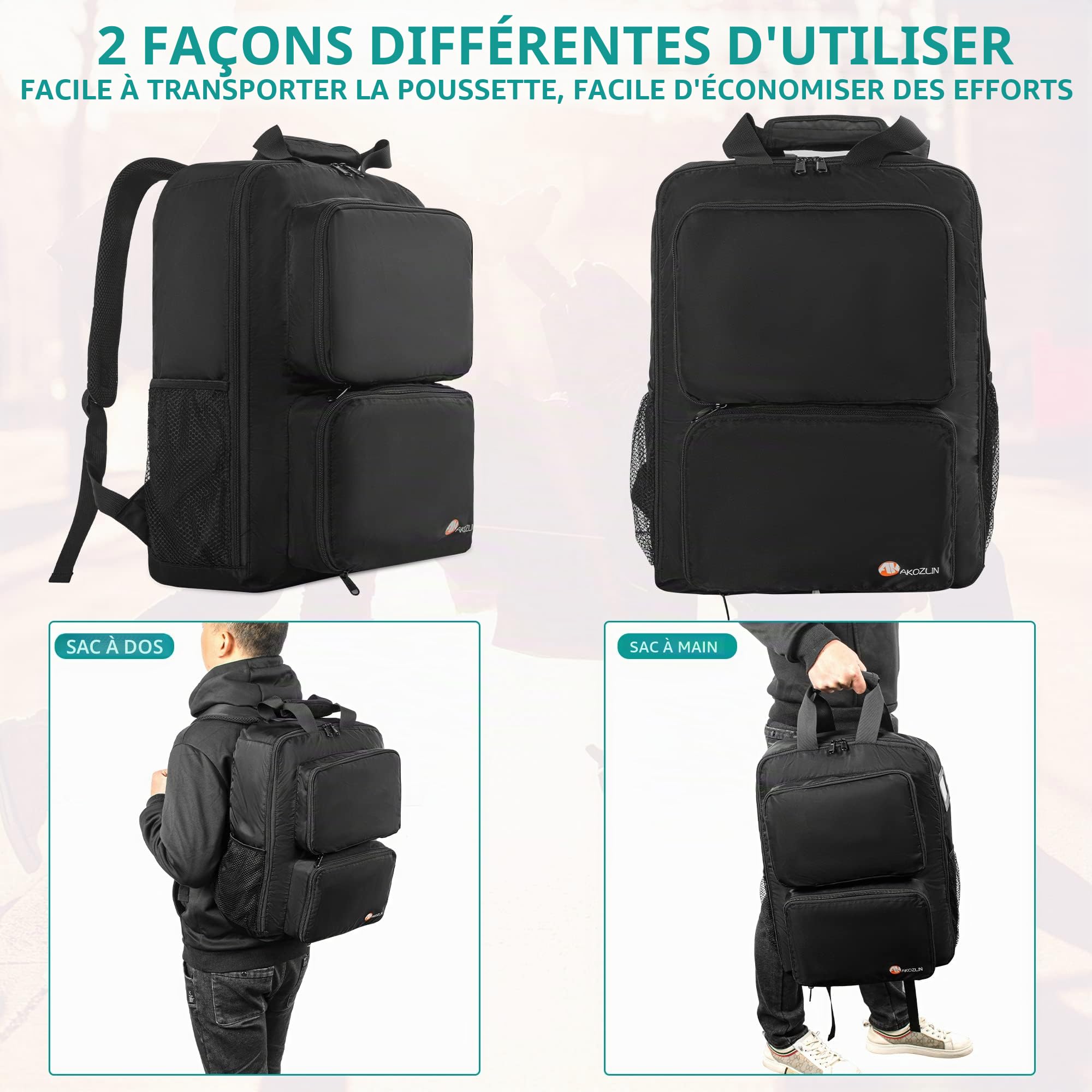 AKOZLIN Sac à Dos de Voyage Pliable pour Poussette, Noir, L(for All GB Pockit Strollers), Sac à Dos