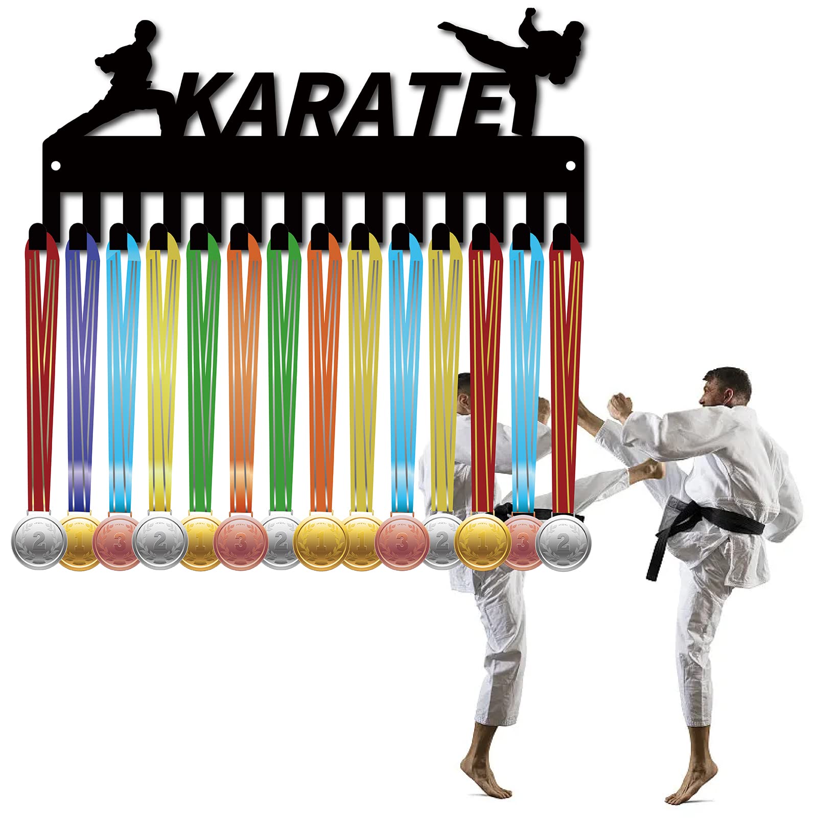 CREATCABIN Appendiabiti Porta Medaglie Karate Espositore Rack Sport Metallo Appeso Premi Ferro Piccolo Supporto Decor 14 Ganci per Parete Casa Distintivo Corsa Ginnastica Nuoto Nero 29x12.5cm