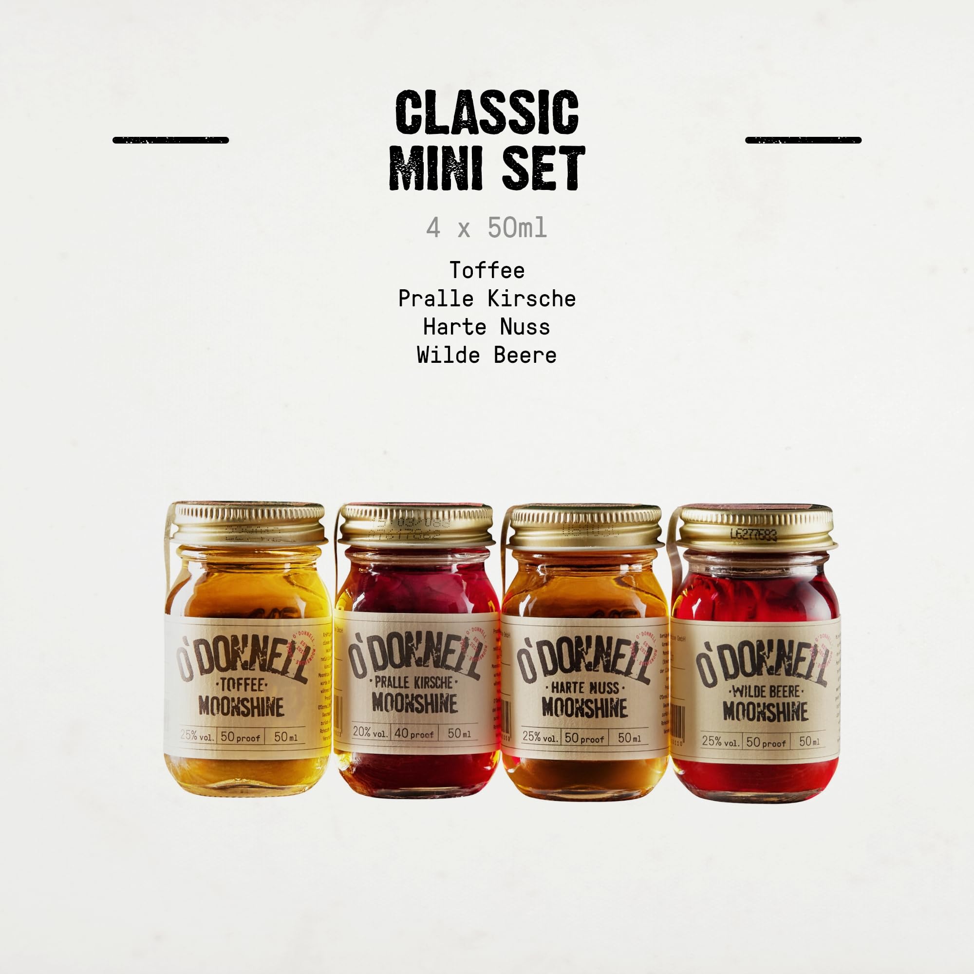 O'Donnell Moonshine Geschenkset (Classic) Made in Berlin - 4x Premium Likör in Original Mason Jars (mini) – Geschenke für Männer & kleine Weihnachtsgeschenke – Probierset Whiskey & Schnaps Liebhaber