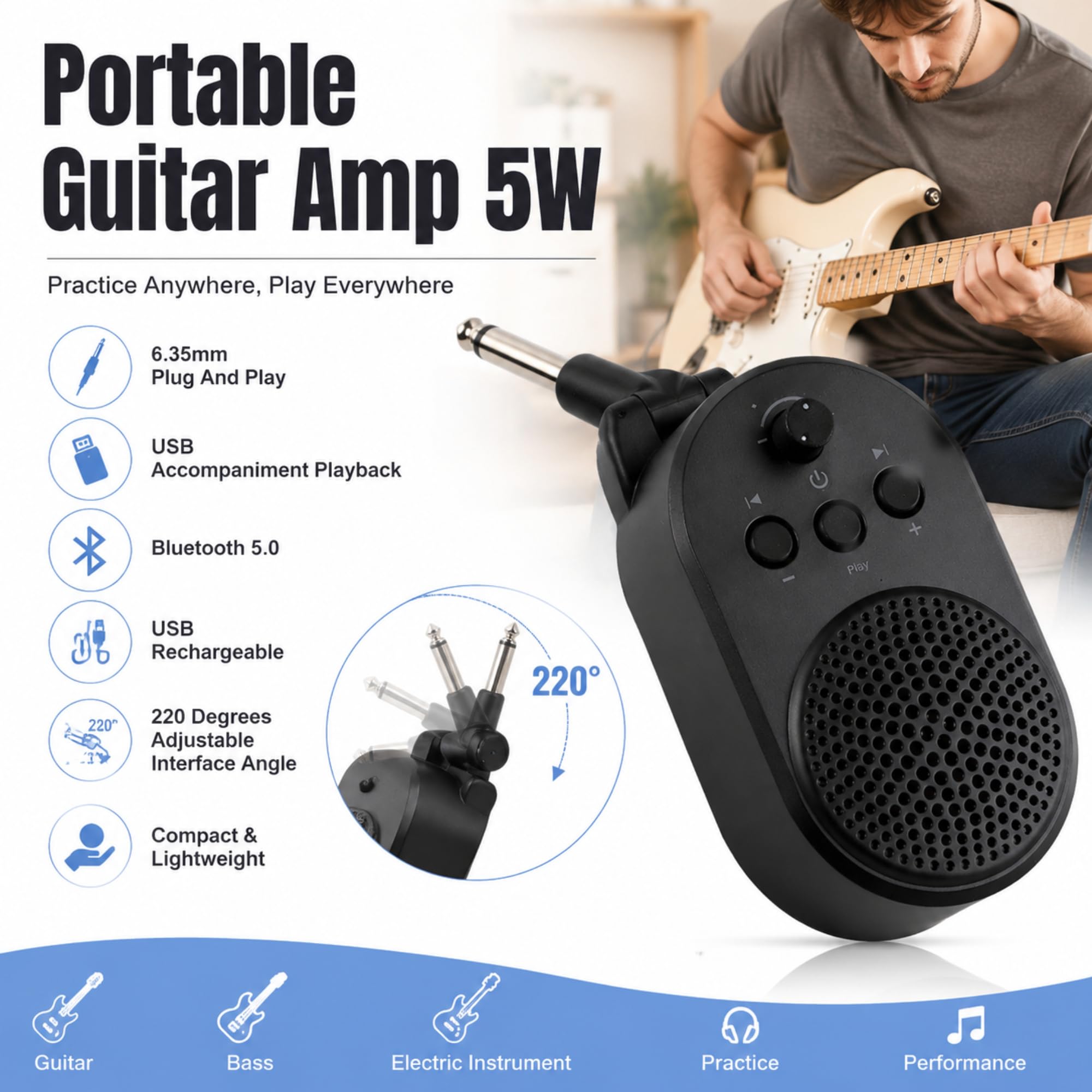 Mini Amplificatore per Chitarra 5W Bluetooth 5.0 Amplificatore Portatile Plug-in USB Ricaricabile Ruotabile a 270° con Interfaccia di Ingresso Audio TRS 1/4 (6,35 mm) p