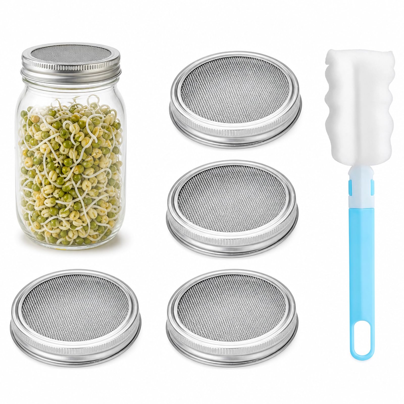 Sprouting Jar, 5-Piece Sprouting Jar Kit, Seed Sprouter Lid Set With Cleaning Brush, Stainless Steel Mesh Sprouts Jar Lid, for Indoor Gardening, Healthy Sprout Growing