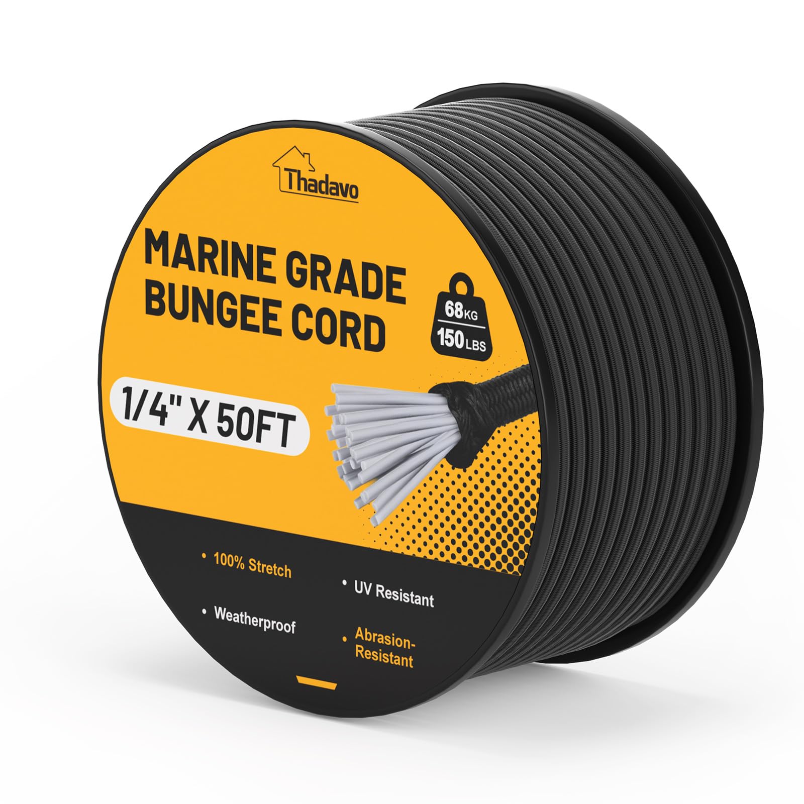 Marine Grade Bungee Cord Heavy Duty Outdoor, 1/4" 50FT Elastic Roll