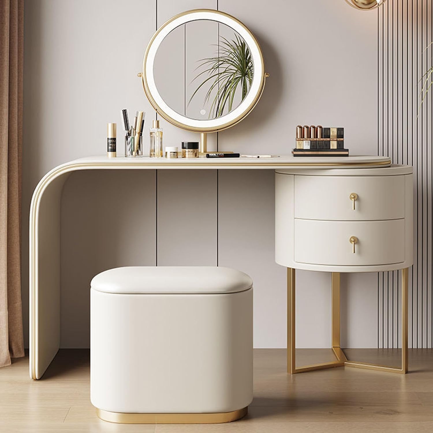asdchZen Modern Makeup Desk Set With 360°Rotatable Mirror 3 Lighting Modes Adjustable Brightness 2 Drawers-Stylish Bedroom Vanity Table For Beauty And Nizing,White-100