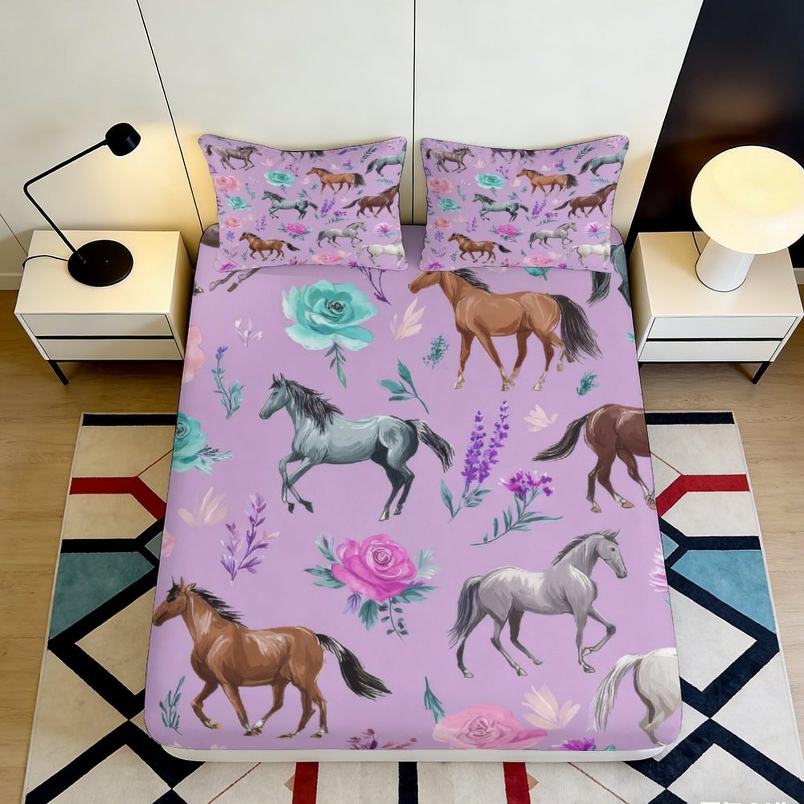 3D Printed Horse Floral Fitted Sheet Microfiber Soft Durable Lavender Bed Cover for Bedroom Dormitory Guest Room Mattress Protection Decoration 180x200x25cm
