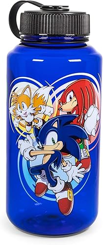 Sonic The Hedgehog Botella de agua de personajes | Jarra de agua grande de plástico sin BPA con tapa superior de rosca, hidratación para deportes al