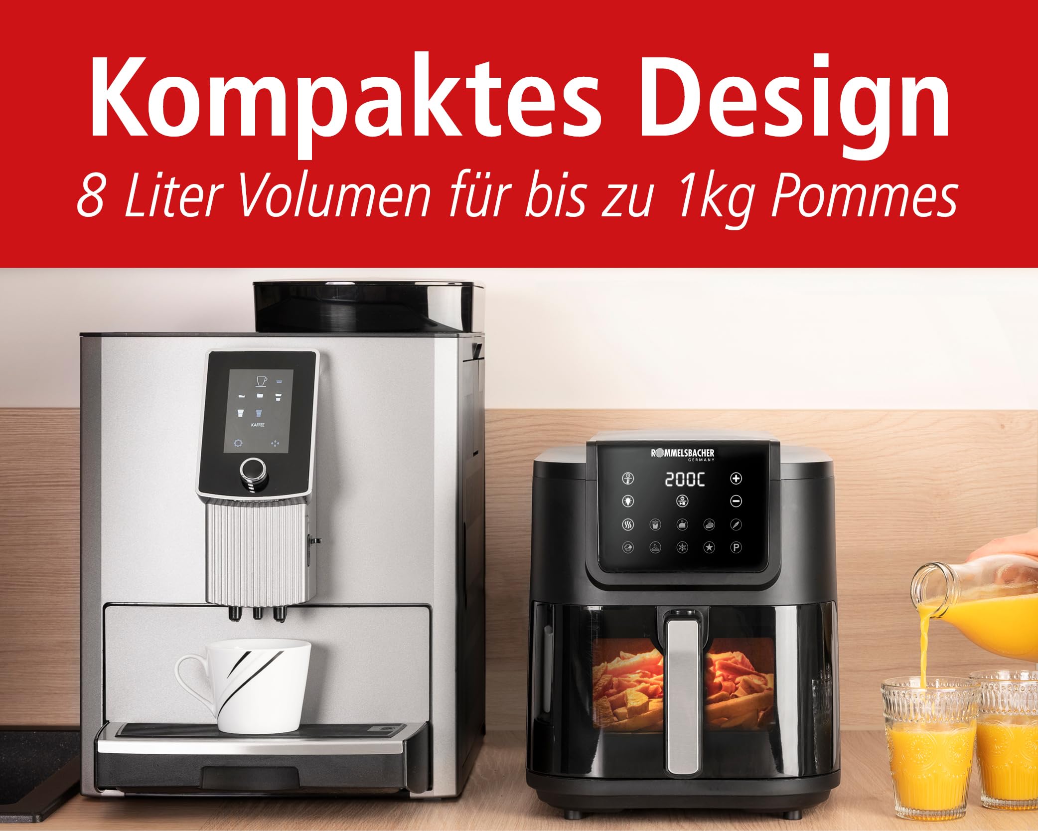 ROMMELSBACHER Heißluftfritteuse FRH 1700, XXL-Backraum 8 Liter (ca. 21 x 30 cm) für 1.000 g Pommes, sehr leiser Betrieb 45 db(A), 10 Programme, 60-200 °C, großes Sichtfenster mit Innenraumbeleuchtung