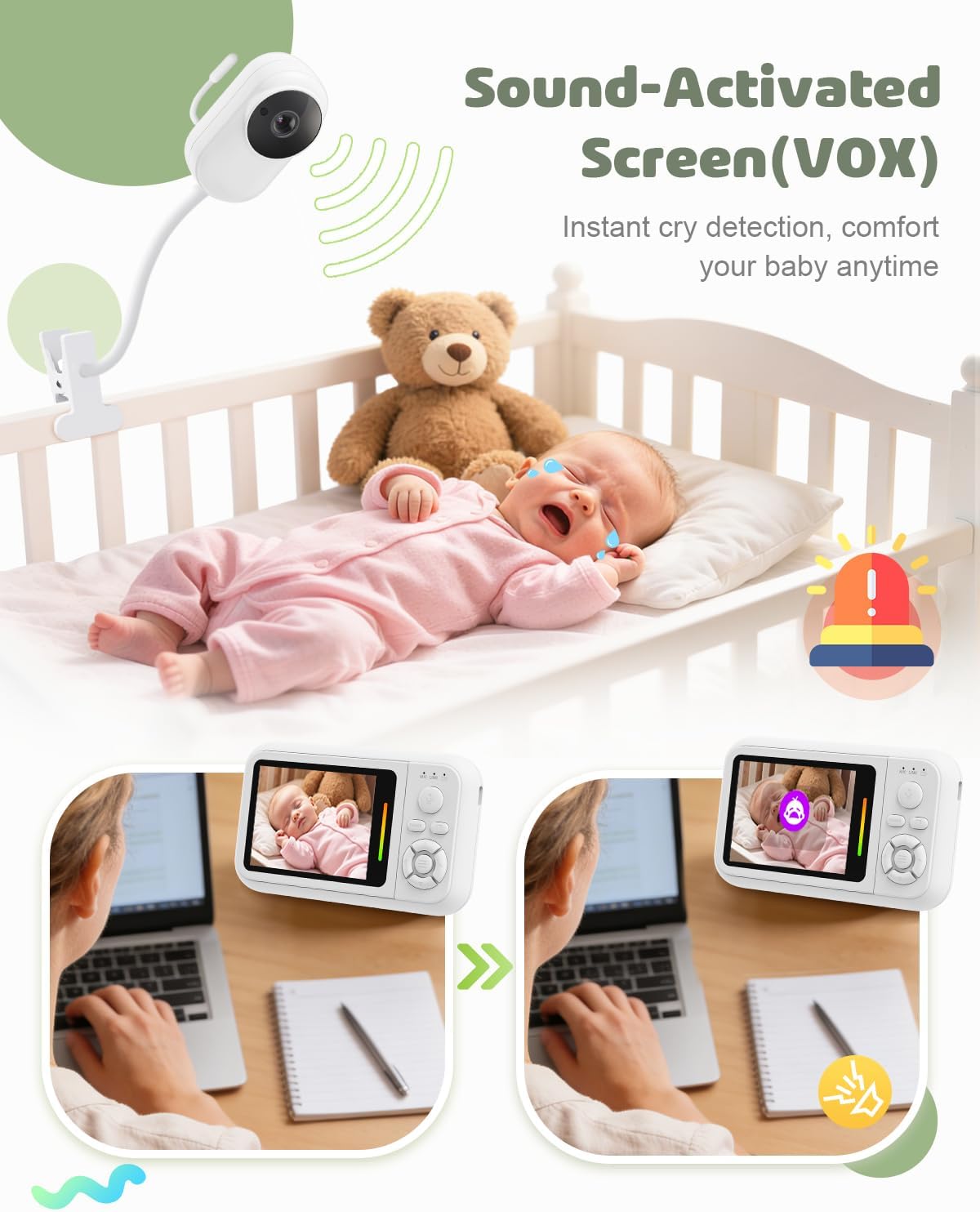 Baby Monitor No WiFi with Clip Mount, 2.8” Wireless Baby Monitor with Camera and Audio, 1080P Video, Night Vision, VOX, Temperature Sensor, 2-Way Audio, Lullabies