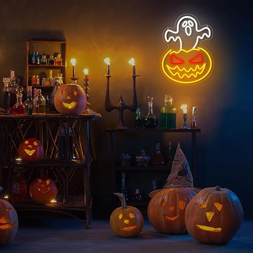 Miniatura 4 de Letrero de neón de calabaza fantasma de Halloween, cara de fantasma, luz de neón espeluznante de calabaza de neón, letreros LED regulables de