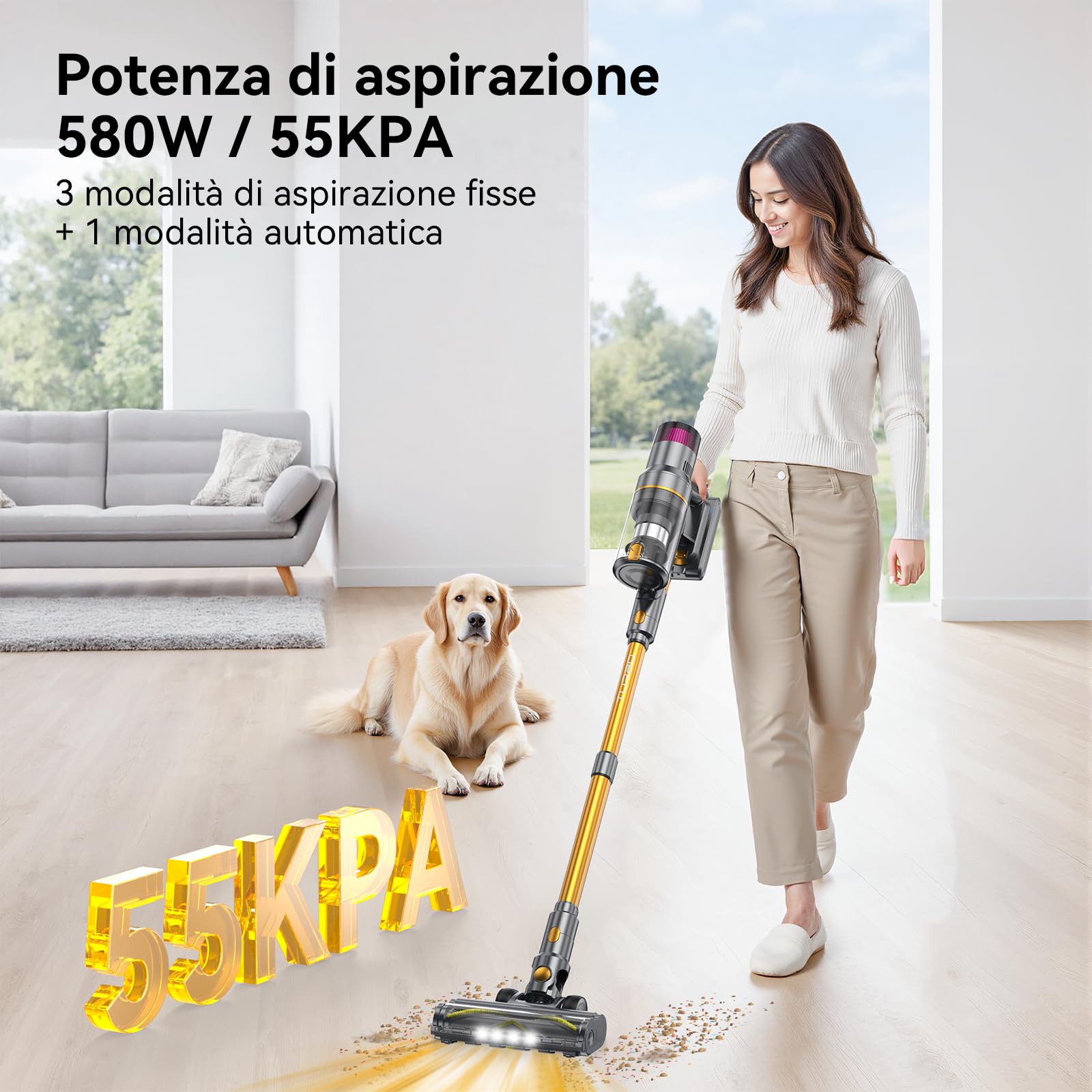 Aspirapolvere senza Fili,Scopa Elettrica senza Fili Potente 580W/55Kpa per Pavimenti duri e Tappeti,75 Min di Autonomia,Spazzola a rullo Anti-groviglio,LED Touchscreen Intelligente