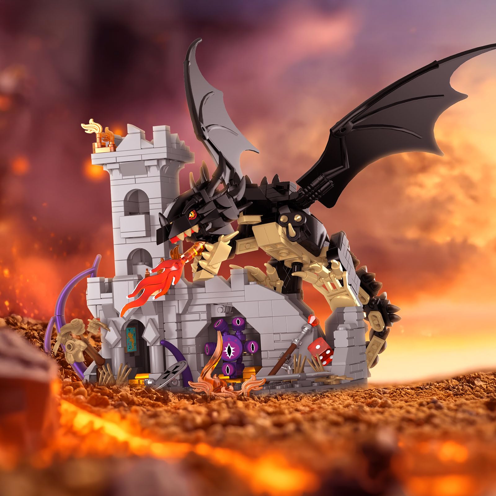 Juego de construcción del castillo Dragonfire, kit de modelo de fortaleza medieval, juego de bloques de construcción Fire Dragon para adultos y niños, decoración para la oficina en casa (919 piezas)