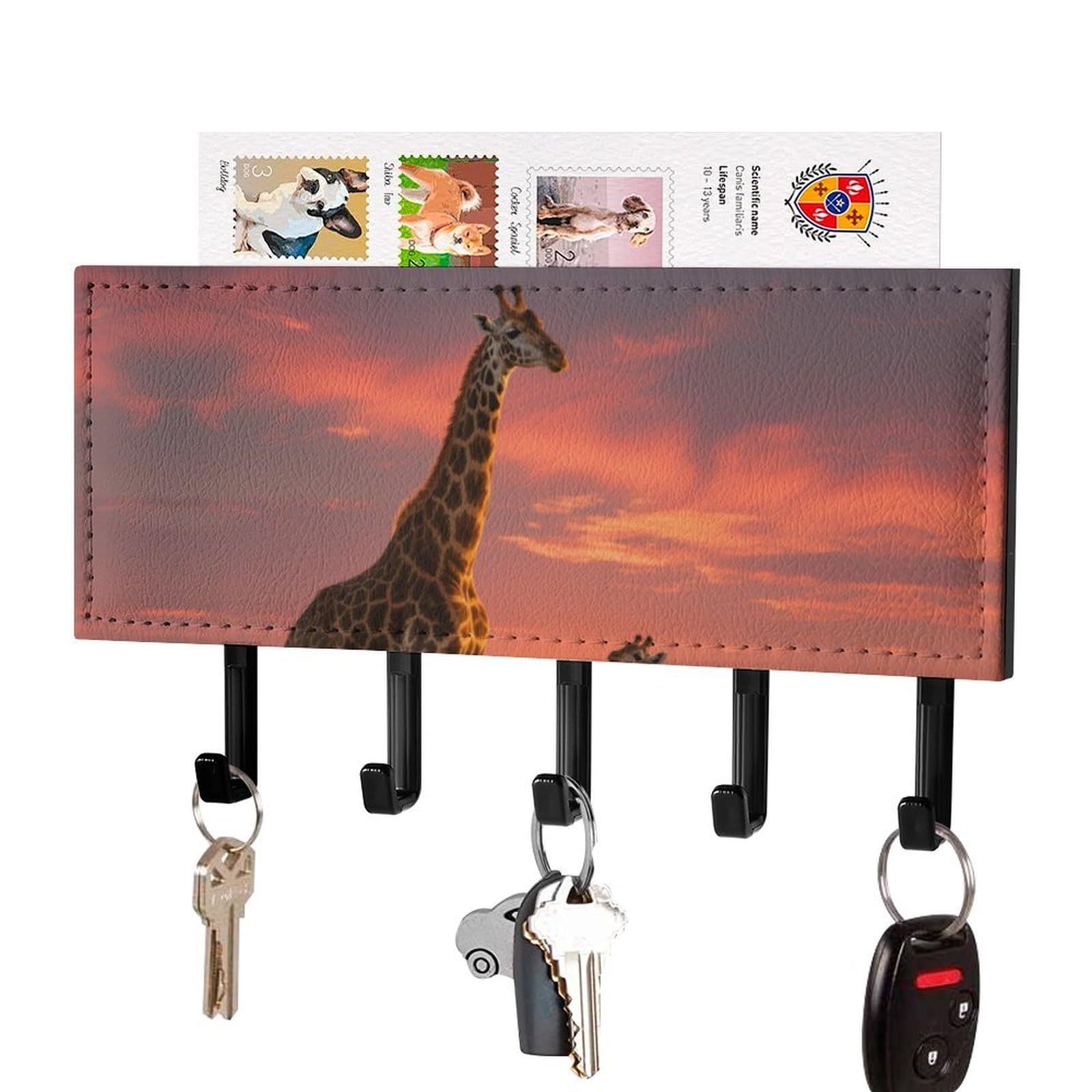 DWVTSLH Deer Giraffe Key Holder for Wall, Decorative Key Hooks with Mail Organizer & 5 Hooks, Self Adhesive Leather Key Hanger for Entryway, Wall Mounted Key Rack (7.1” X 4.3” X 0.9”)