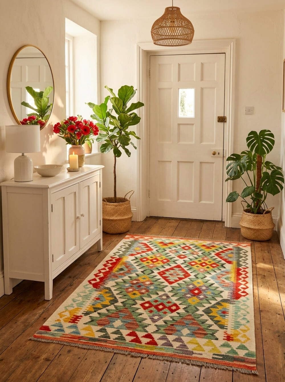Kilim Tapis 100 % laine 112 x 86 cm, fait à la main, pièce unique de style Herat Boho multicolore, tissage plat, tapis d'entrée et chambre