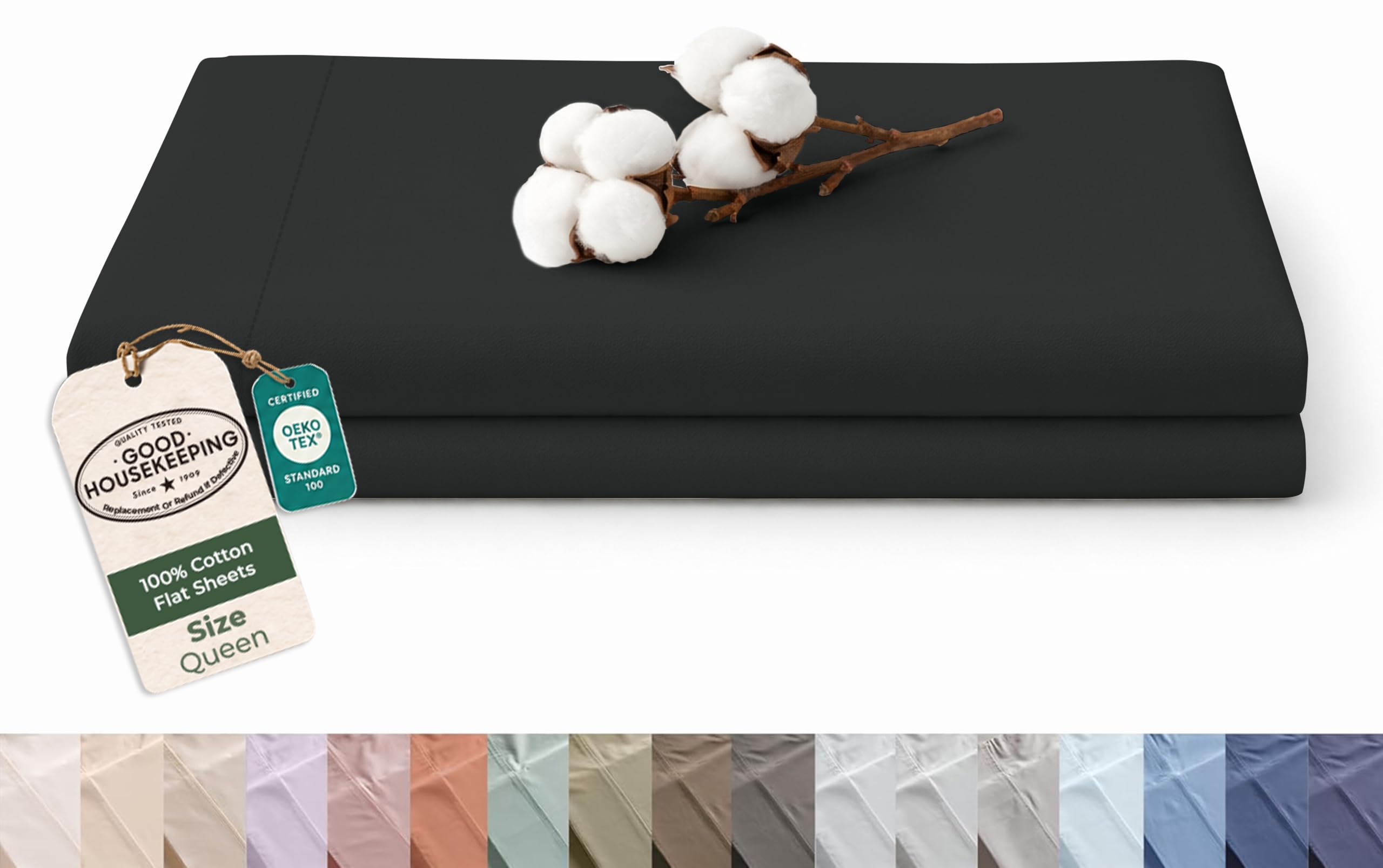 Royale Linens 100% Organic Cotton Queen Size Flat Sheet Only - Percale Top Sheets - Queen Flat Sheet Sold Separately - Lightweight &amp; Super Soft 100% Cotton Black Bed Sheets Only (90" x 102", Black)