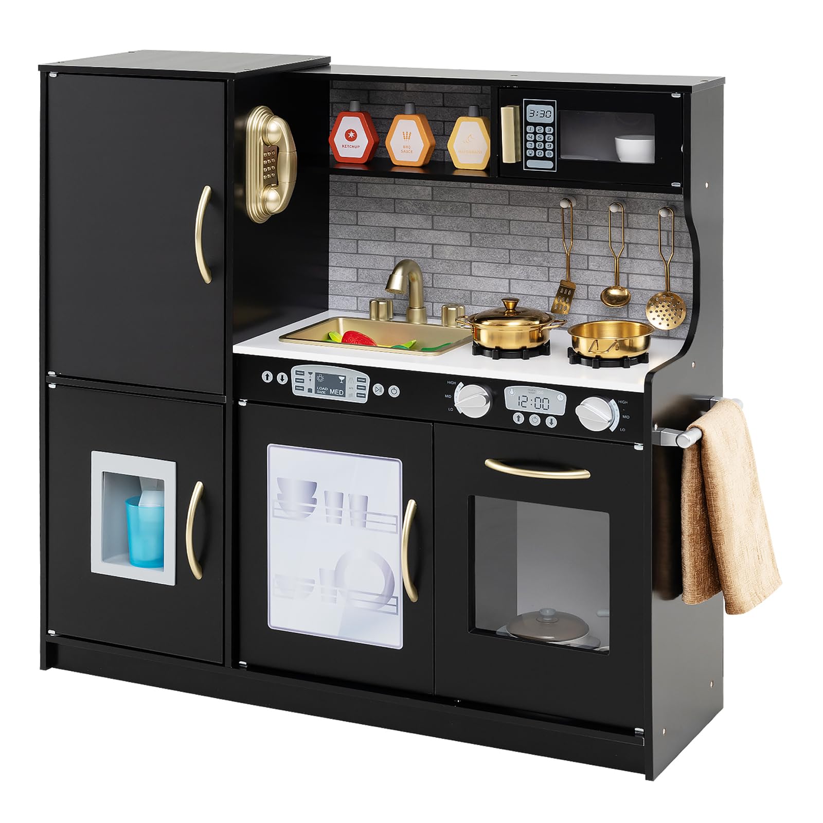 Maxmass Kids Play Kitchen, Wooden Children Pretend Kitchen with Ice Maker, Telephone, Chalkboard, Double Stoves, Dishwasher, Cookware Accessories, Toddler Boys Girls Cooking Toy Playset (Black) — image 1